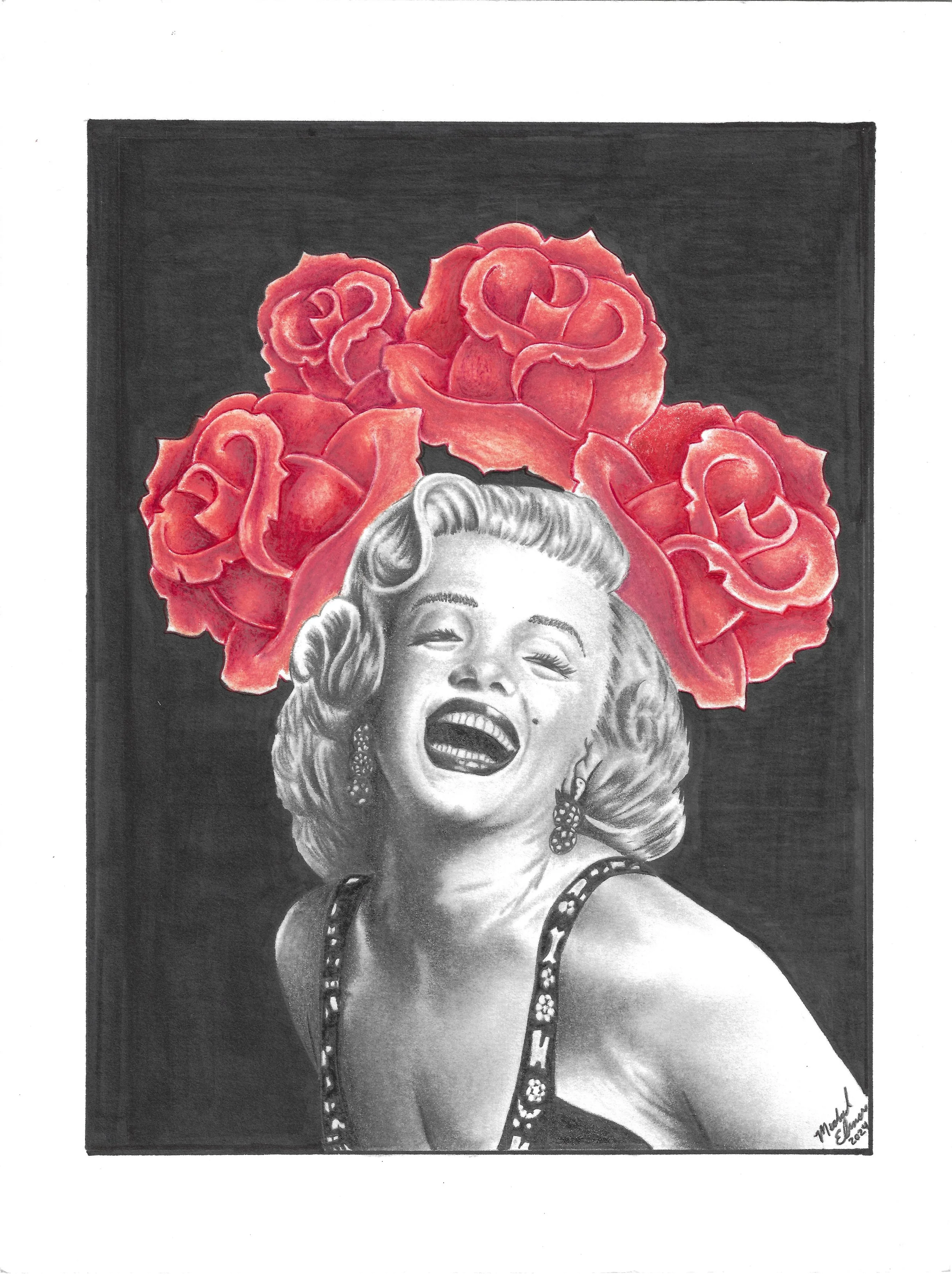 "Untitled #3", pencil on paper, 2024. Black-and-white portrait of Marilyn Monroe laughing joyously, with red roses above her head
