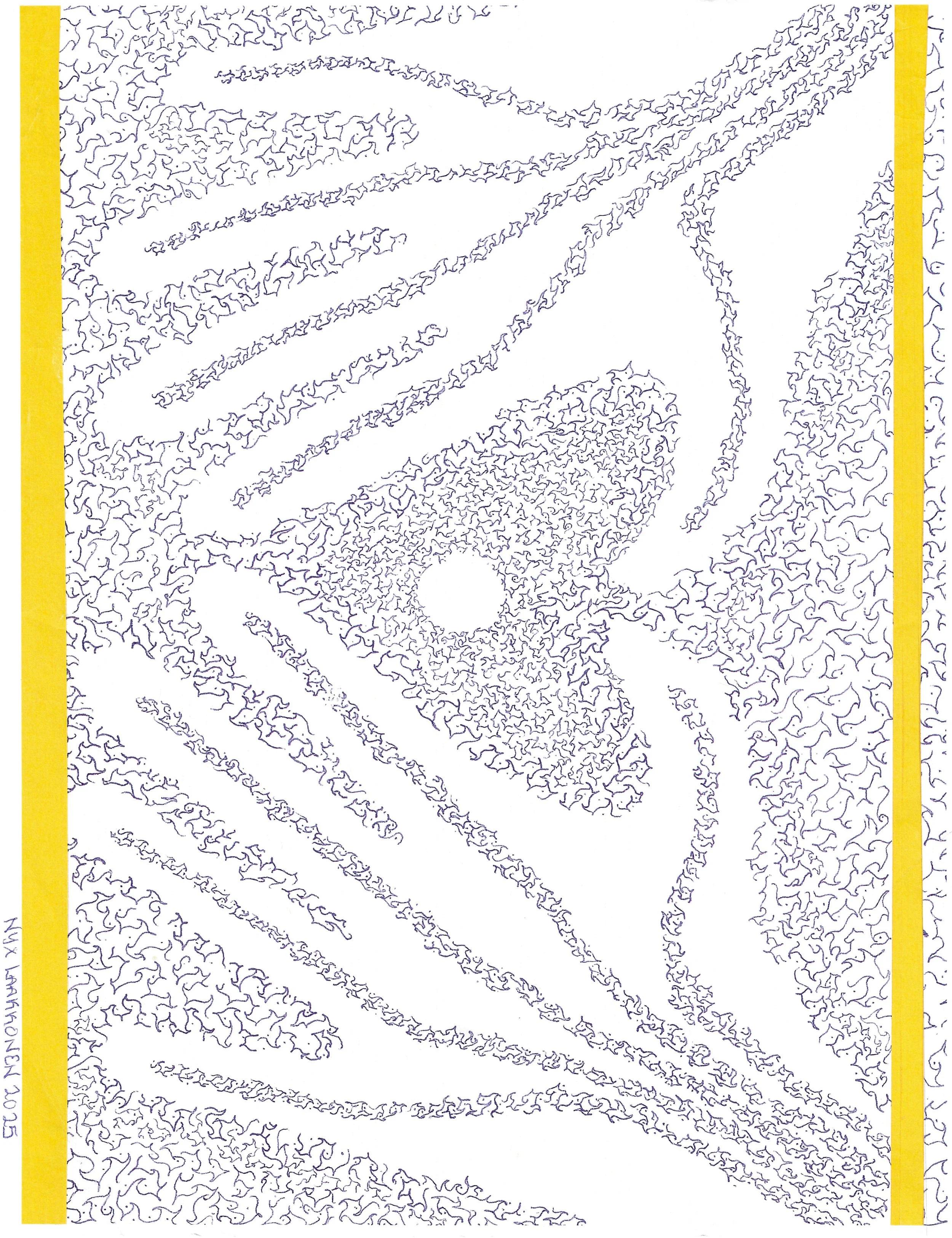 "Touched By Healing Hands", blue pic pen on paper, 2025. Two hands in the form of a heart created with an abstract design within the design. Your eyes see what they want to see. 

Nyx says: "These are my hands. I've been told by many I have the gift 