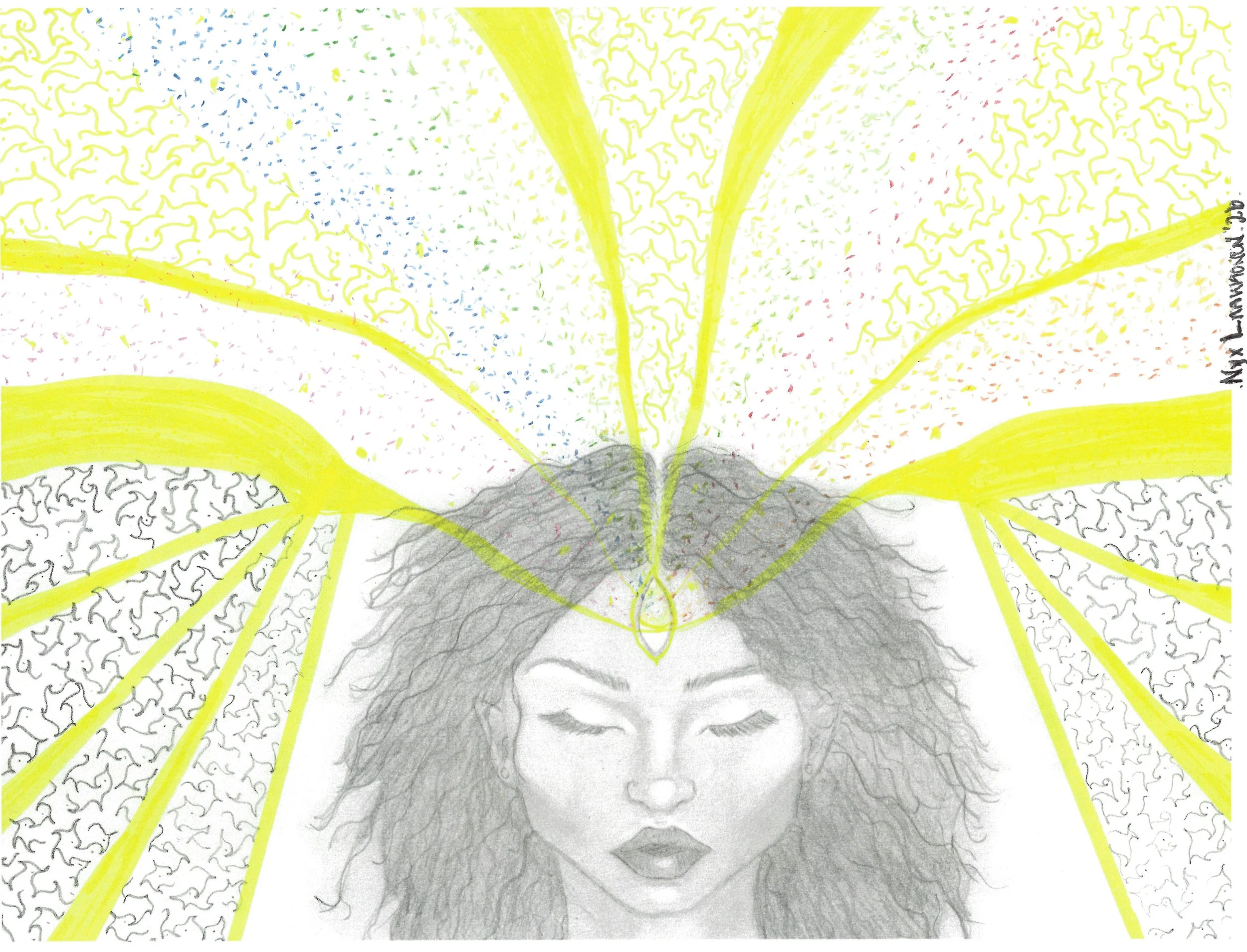 "Untapp'd", pencil, colored pencil, and highlighter on paper, 2026. A woman with eyes shut and her third eye wide open, with colors and light and swirls expanding from it. 

Nyx says: "This represents this untapped potential of the mind, particularly