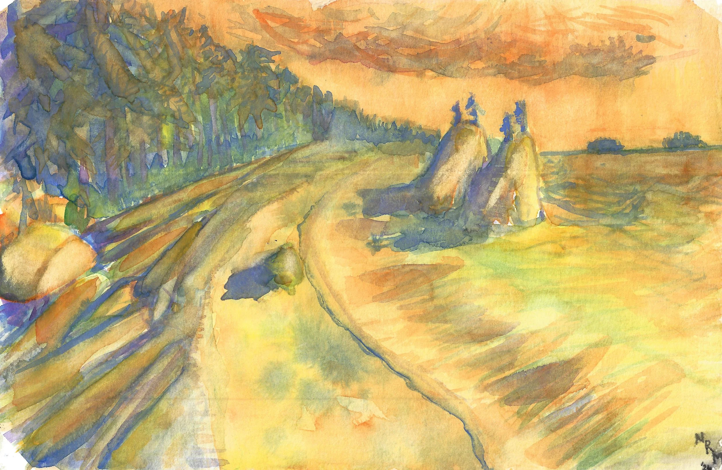"Washington Coast #2" / 2026 / Watercolor on paper / FOR SALE $10-20. Sea coast is depicted from a view of the horizon from a beach down the coast. Two roughly conical surf stacks with sparse trees on them come out of the water near the middle of the