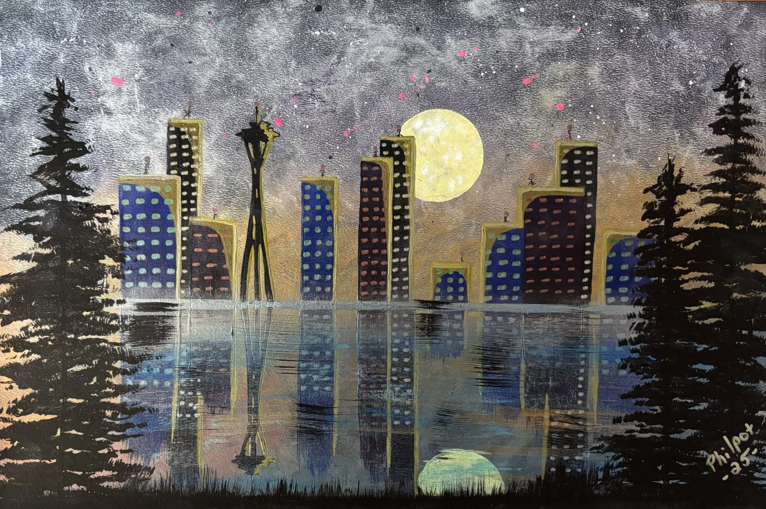 "City Lights", landscape of the Seattle skyline at night with the Space Needle, pine trees, and a full moon, all reflected in Elliott Bay