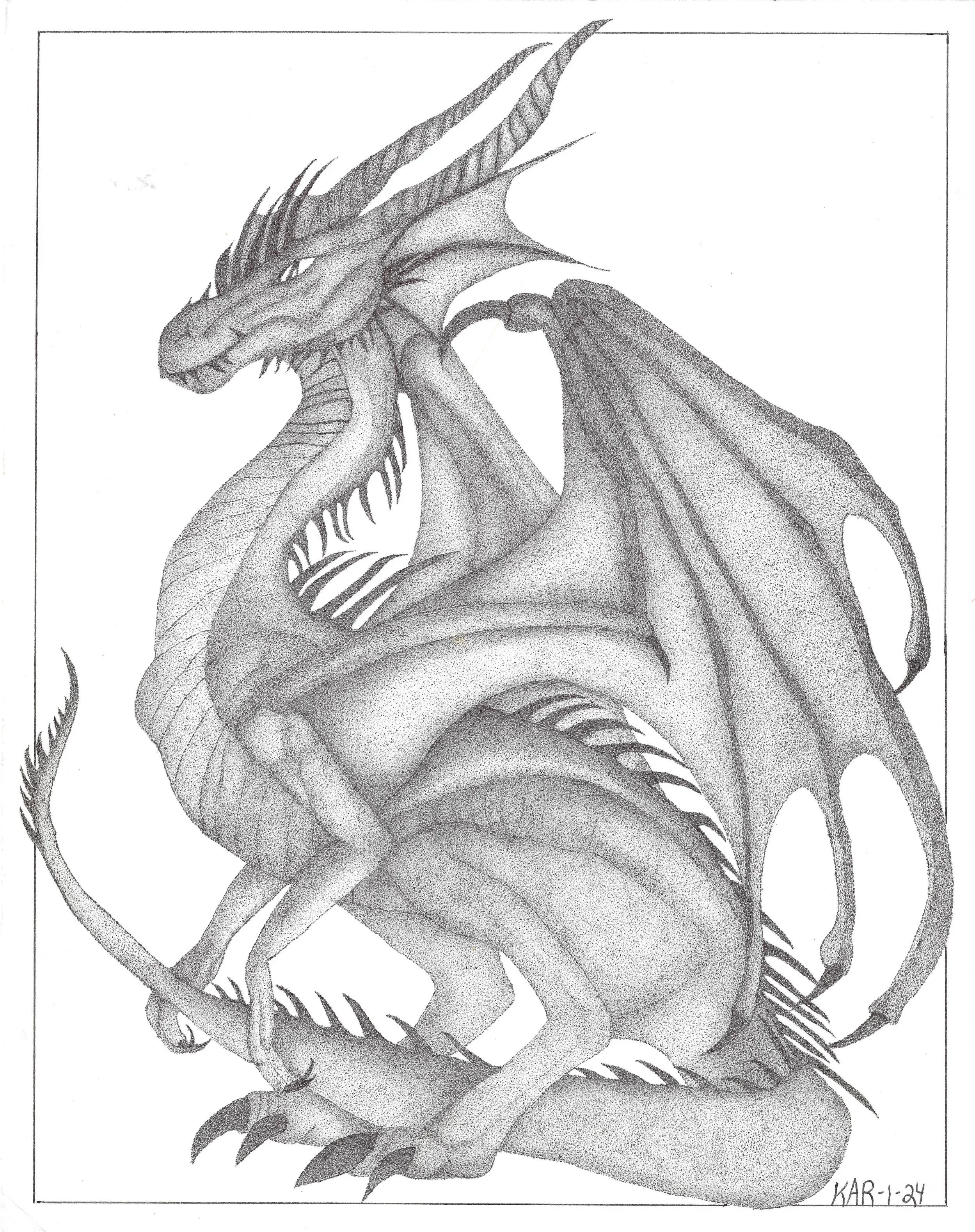 "Dragon #2", pen on paper, 2024. Black pen marks - known as pointillism or stippling - to form the shape and shading of a dragon.
