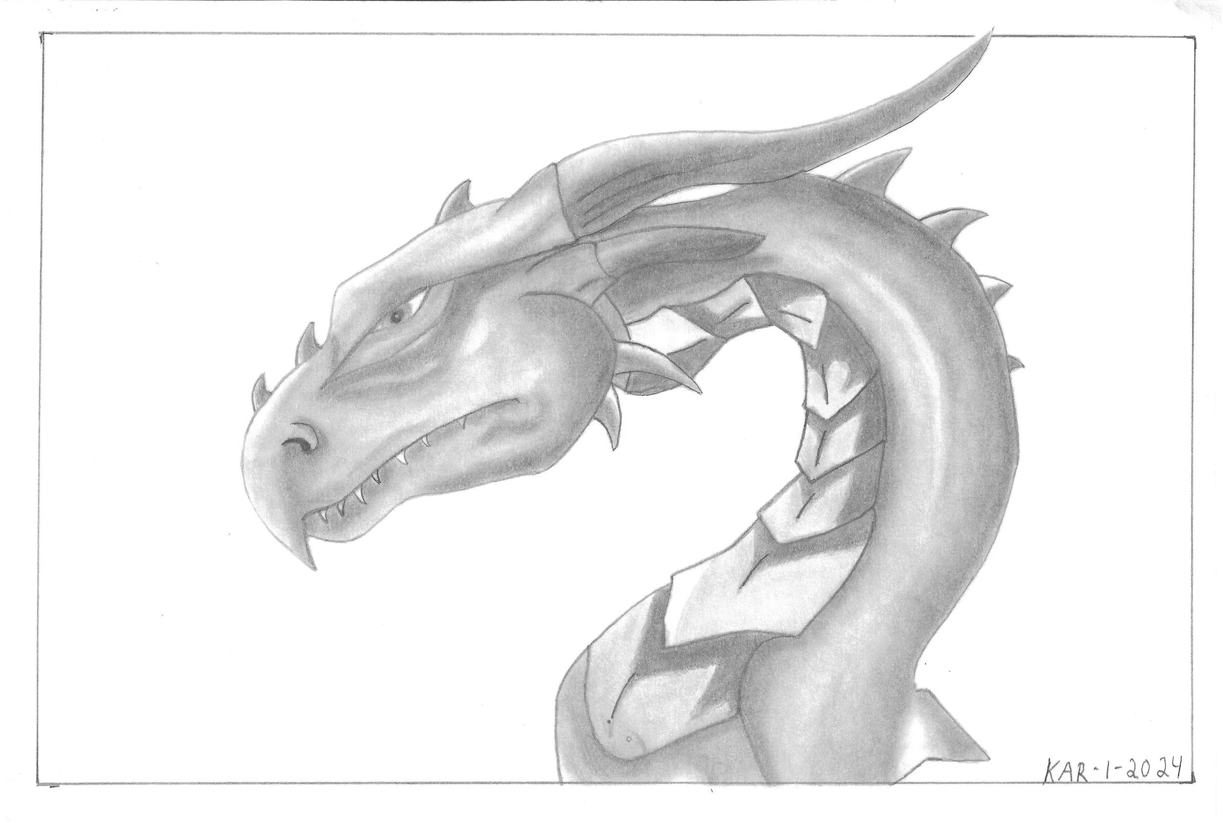 "Pencil Dragon", graphite on paper, 2024. Black and white dragon's head in profile. 

Keith says: "I've done this dragon many times I often reduce pictures so I can practice my skills so I can improve on certain skills that need work."