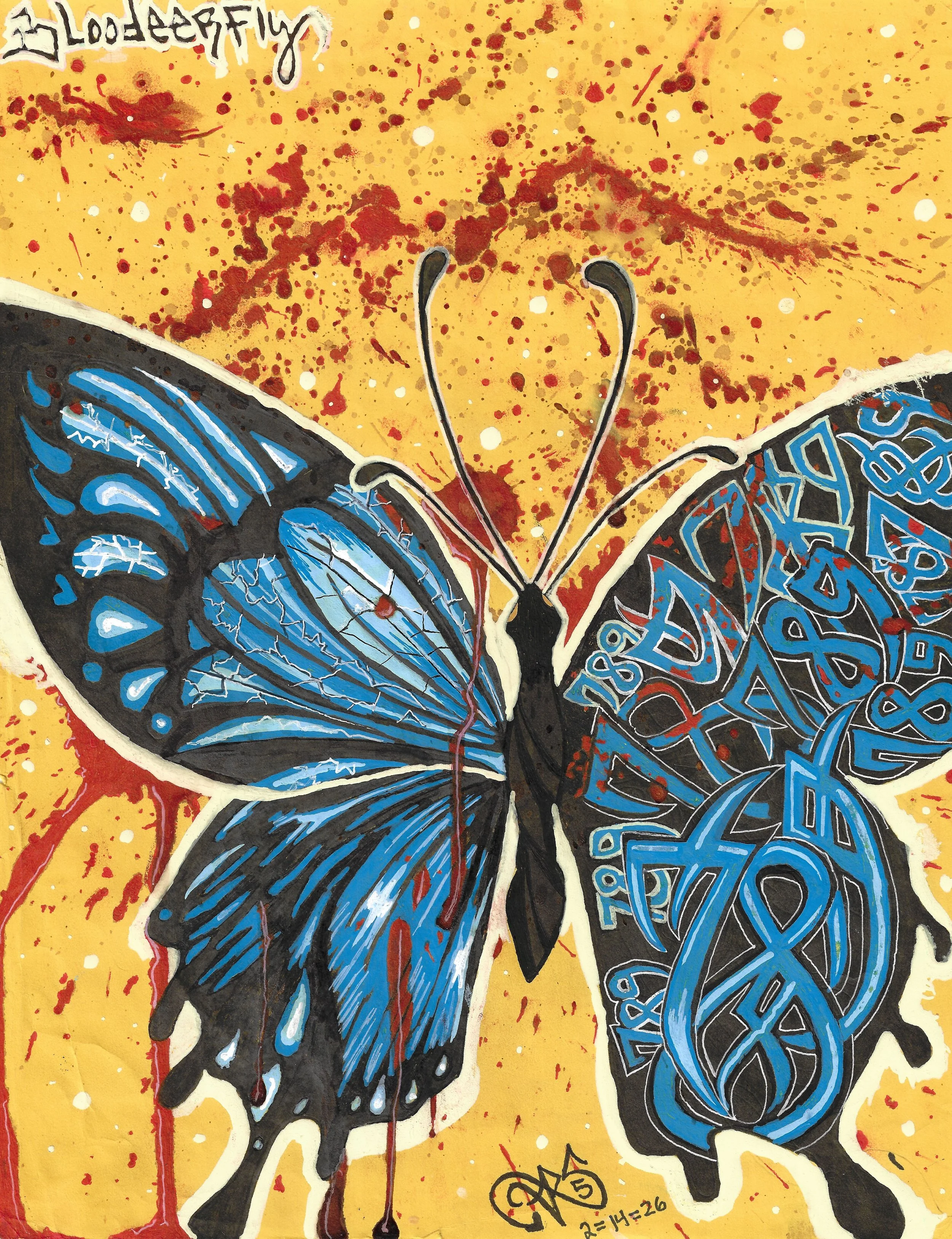 Blooderfly, pencil, gel pens, black markers, and red pen on paper, 2026. A blue butterfly with blood splatter around it on a yellow background and the artist's signature 789