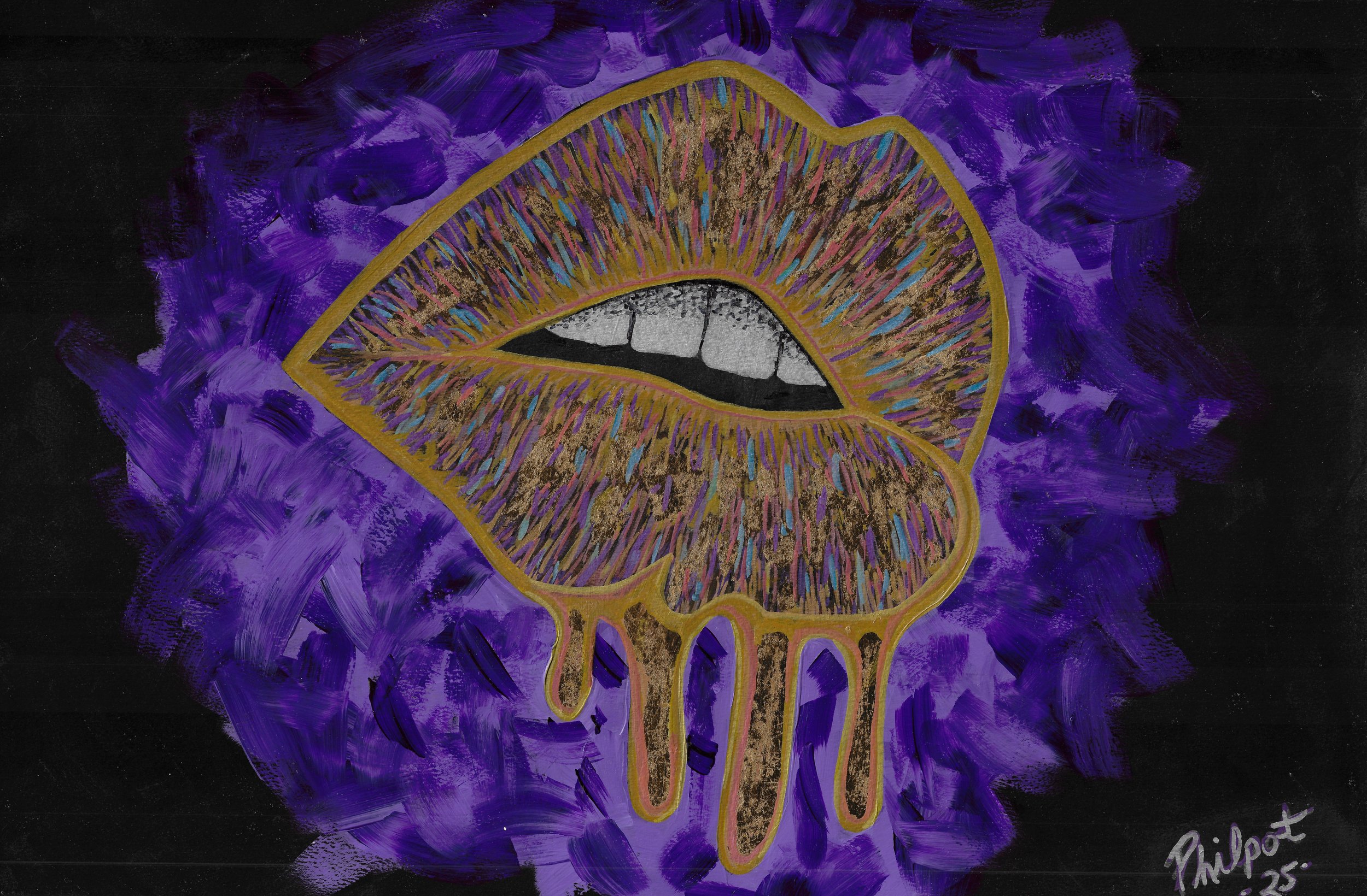 "Kiss Me", acrylic, gold leaf, and paint marker on paper, 2025, 12"x18". Metallic gold lips on a purple background