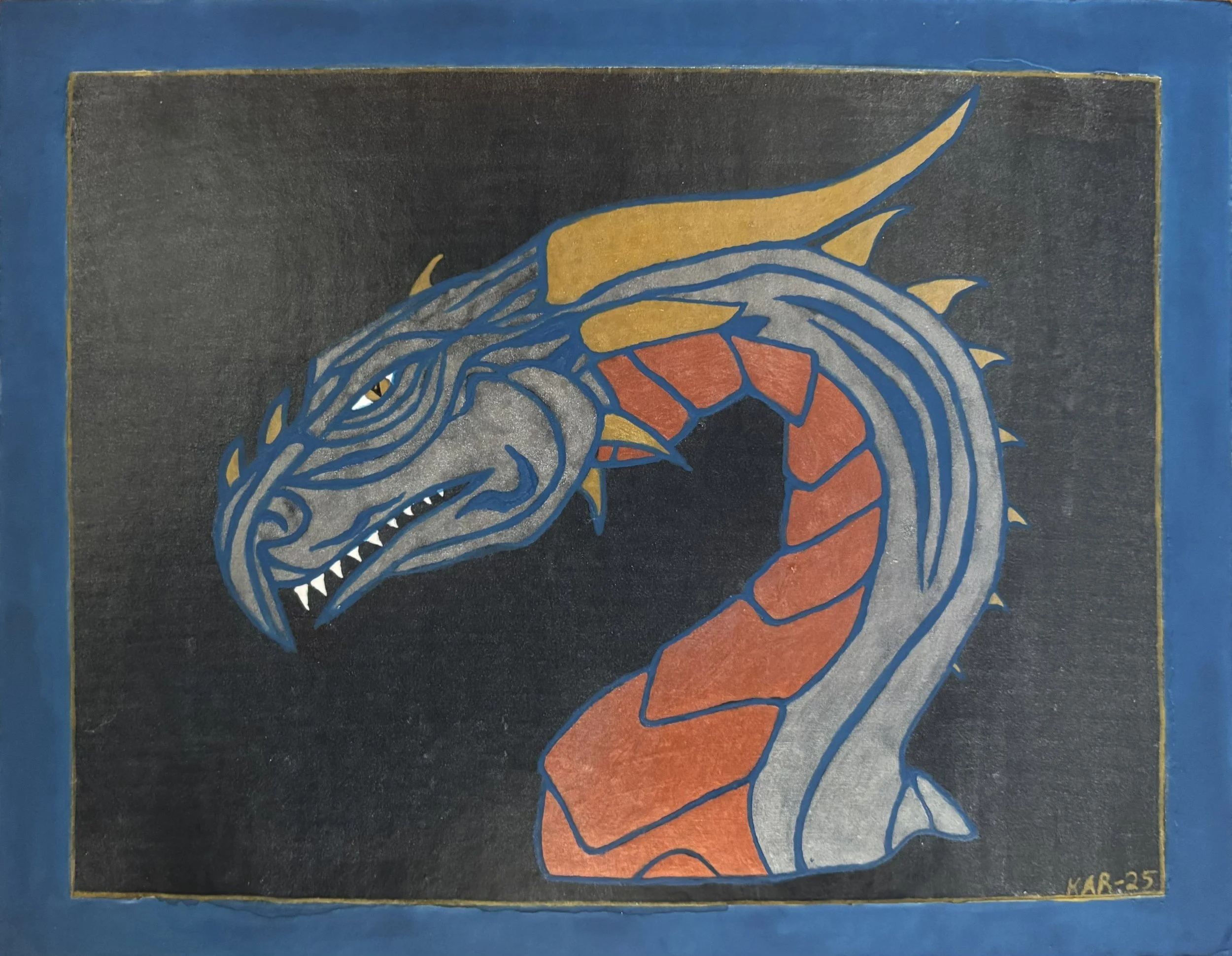"Dragon #1", acrylic paint. A dragon's head in profile on a black background; the dragon is blue, yellow, and red. 

Keith says: "I like dragons."