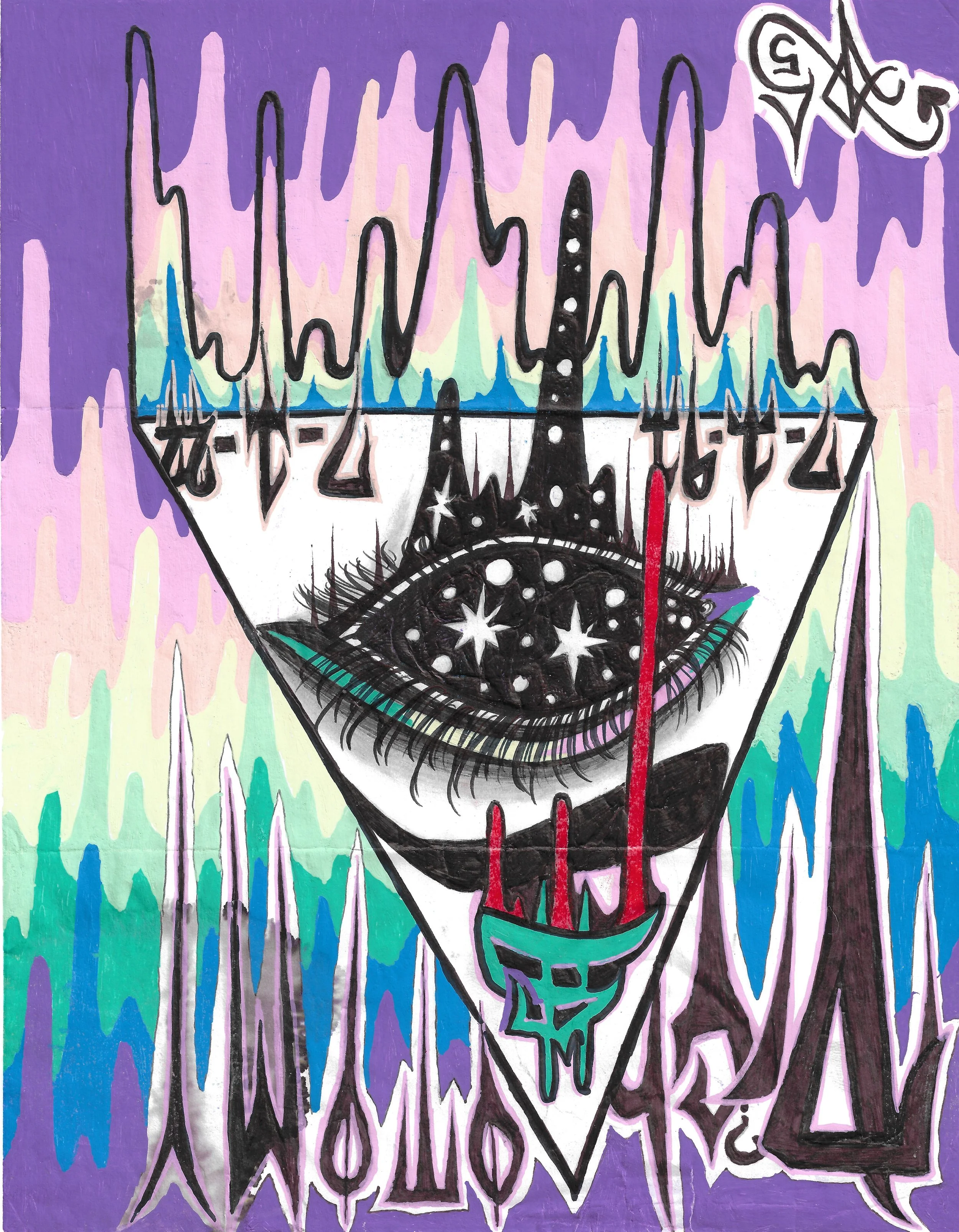 Abstract artwork of a black eye with stars inside a triange, and streaky colors in the background