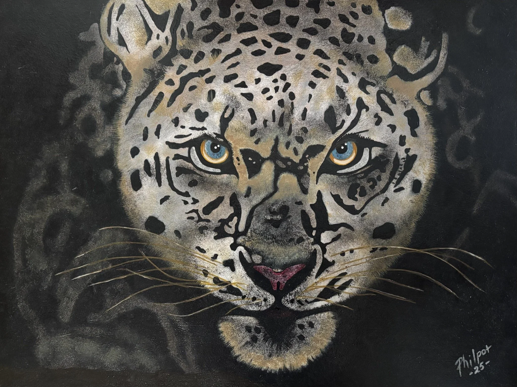 "Snow Leopard Hunt" / 2026 / Acrylic on wood / 24" x 18" / FOR SALE $200. A snow leopard that appears to be emerging out of darkness, gazing straight at the viewer