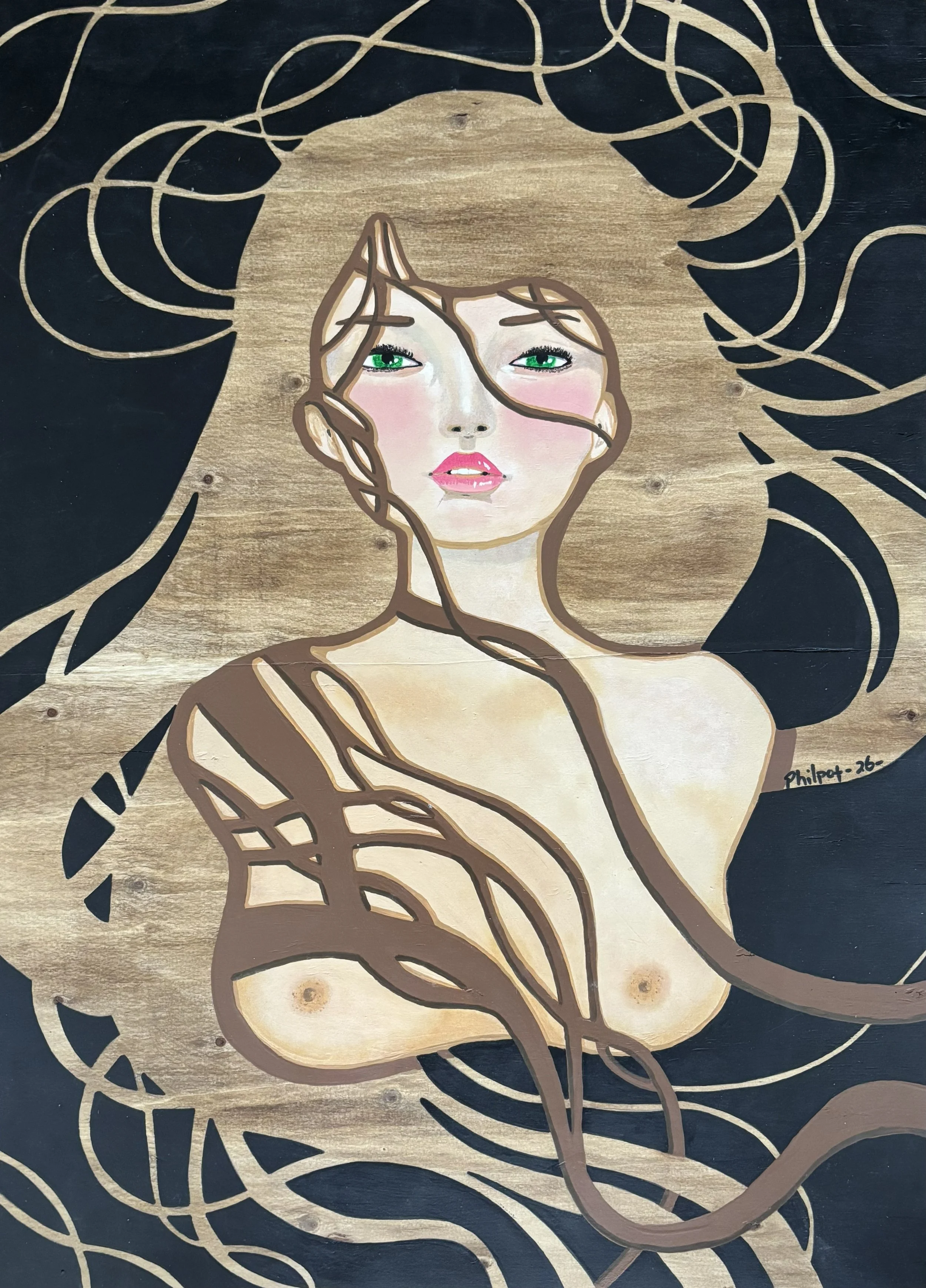 "My Hair's A Mess" / 2026 / Acrylic on wood / 28" x 20" / FOR SALE $200. A white woman shown naked from the chest up on a black background; the painting uses negative space so that the wood grain that shows through depicts the woman's hair, which swi