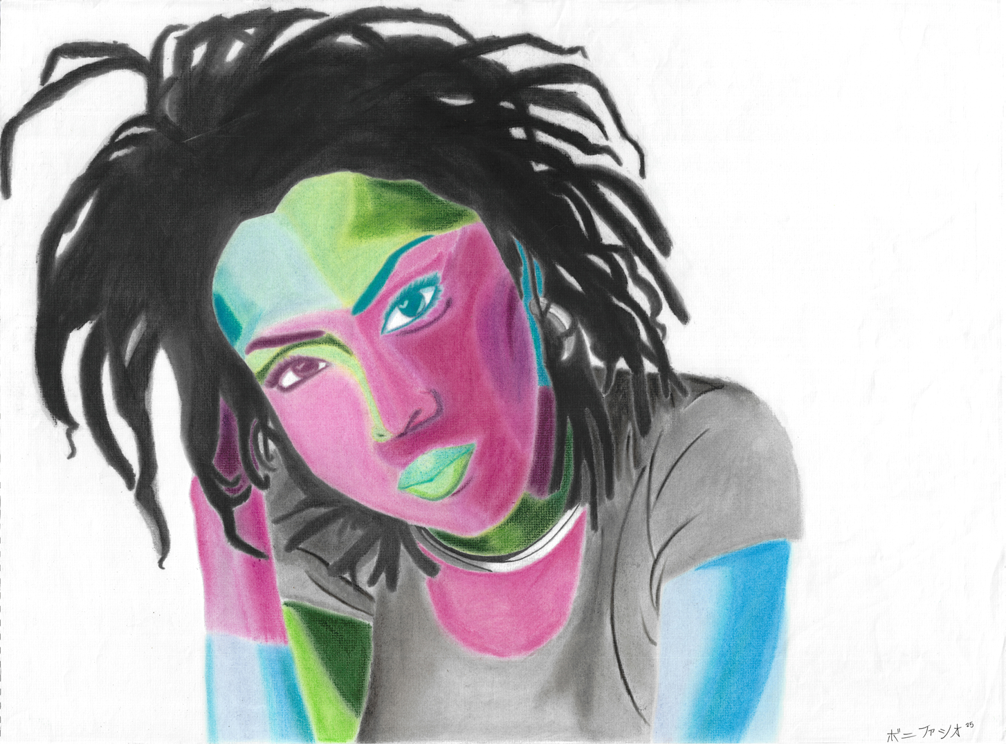 "Lauryn Hill" / 2025 / Pastel on paper / 18" x 24" / FOR SALE $500. A stylized portrait of Lauryn Hill with shoulder-length locs and wearing a gray shirt. Lauryn's face and arms are shades of magenta, lime green, and light blue.