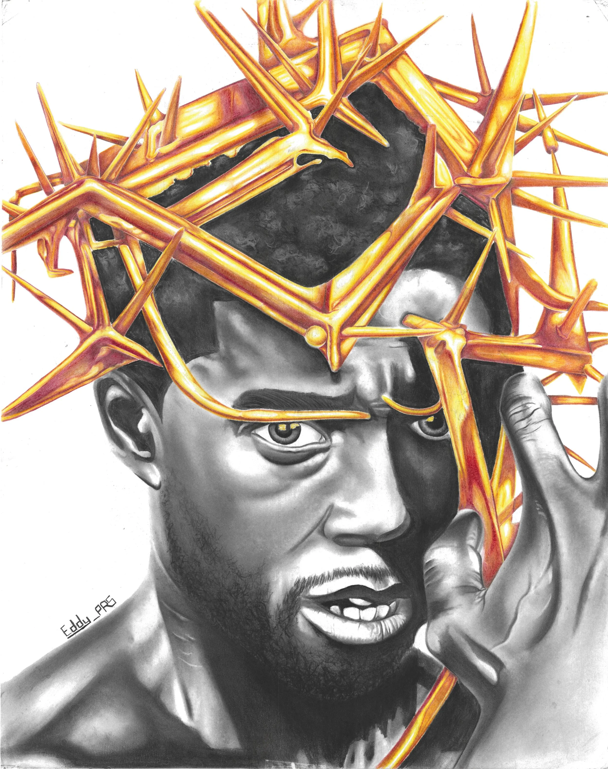 "Chadwick Boseman", 2025, 24"x18". Portrait of Chadwick Boseman; he is depicted in black and white but has a crown of golden thorns on his head