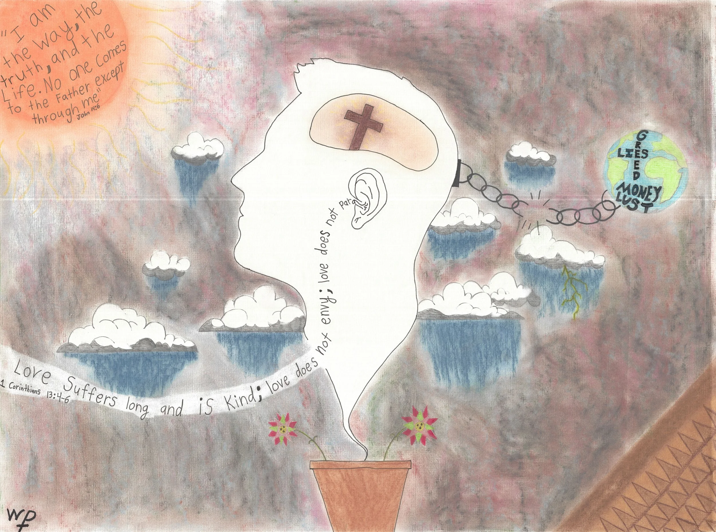 "Untitled #7", color pencil on paper, 2025, 23"x36". The outline of a face in profile that is growing out of a flowerpot. The face has with rainclouds around it and a chain fixed to the back of its head that links to a globe with the words "greed, li