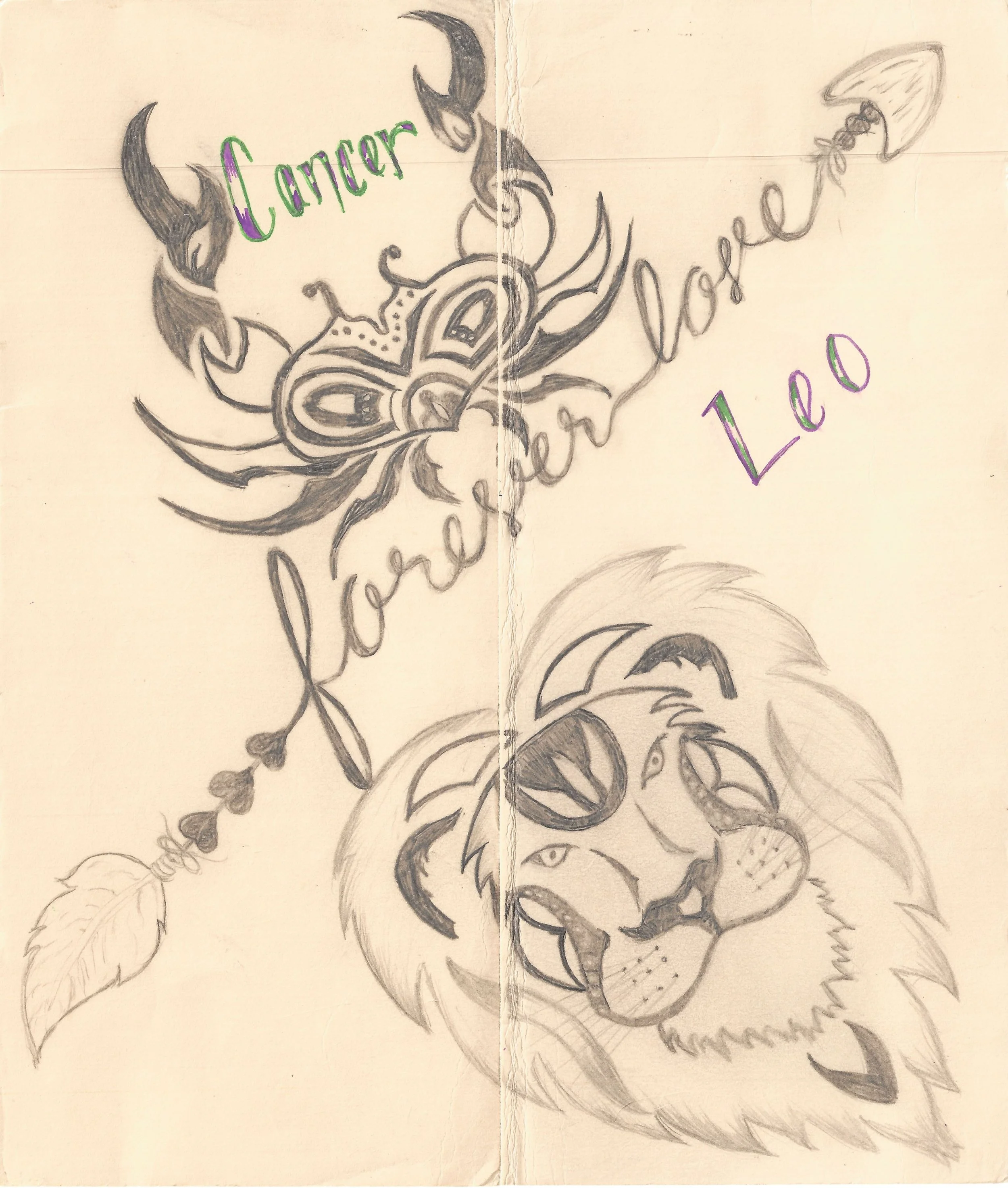 "Cancer and Leo" / 2026 / Pencil and gel pen on cardstock / 8.5" x 7.5" / FOR SALE $3-5. A light yellow tri-fold card with monochrome stylized drawings of a crab with its claws extended and the face of a lion labled Cancer and Leo. Across the diagona