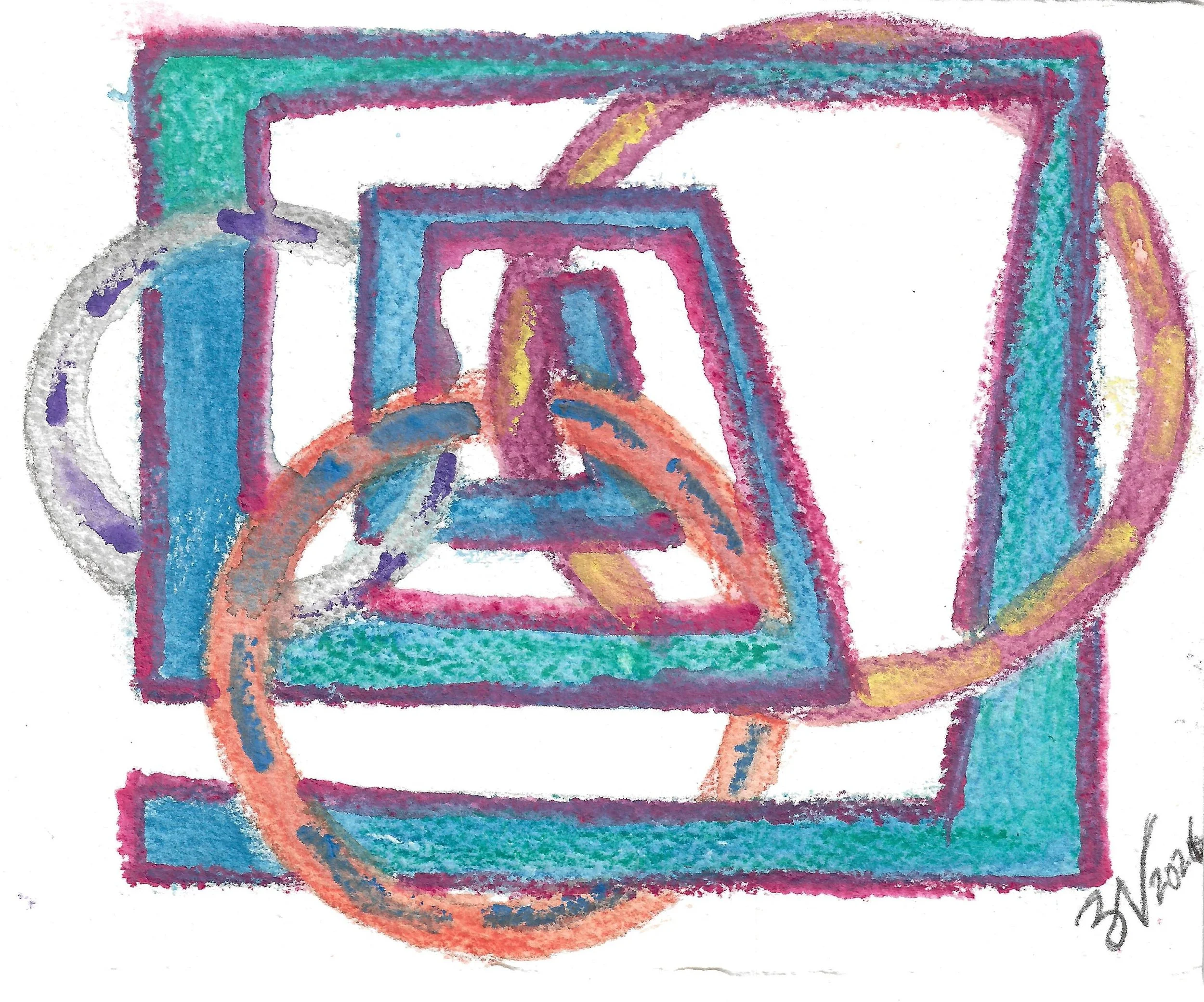 "Mountain", watercolor pencil on paper, 2026. A purple spiral triangle interwoven with an evergreen circular spiral, with intentional black ink on top and deliberate negative space at surprising places.