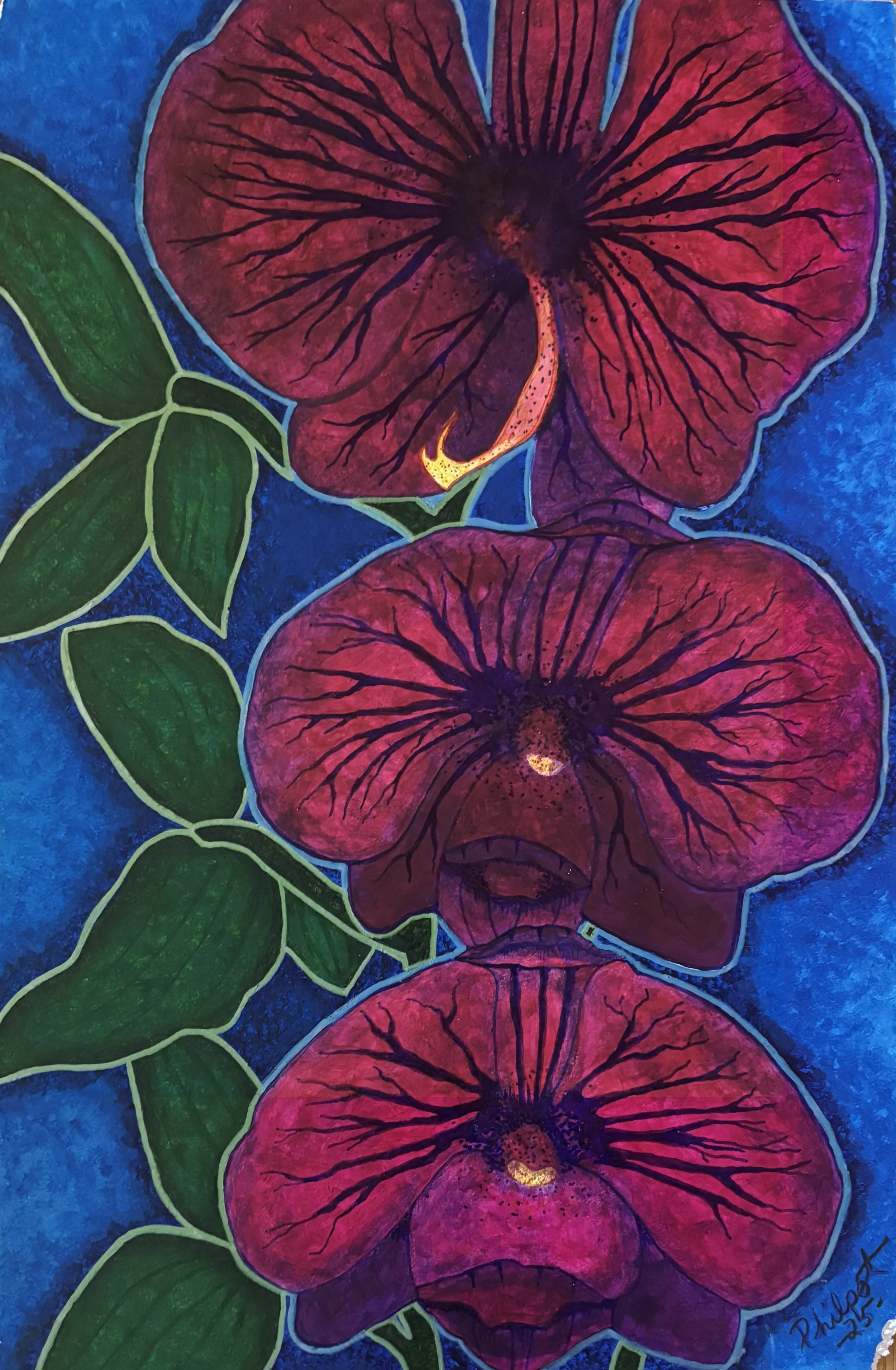 "Orchids", with three red orchids on a green background