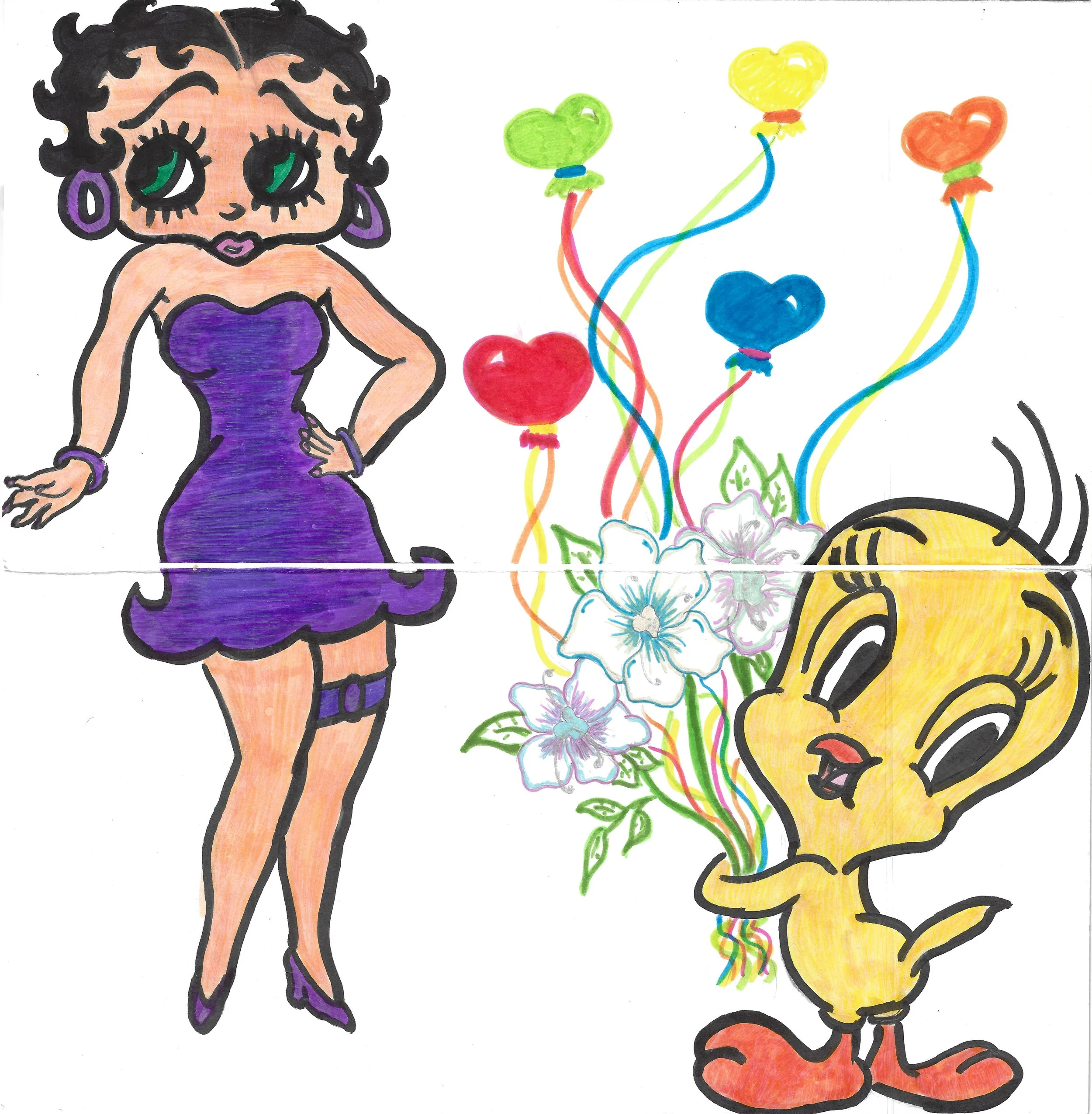 "Tweety Bird and Betty Boop" / 2026 / Pencil, markers, and gel pen on cardstock / 11" x 11" / FOR SALE $3-5. Free-hand drawing of Betty Boop in a purple dress and Tweety Bird holding a bouquet of flowers and five small heart-shaped balloons on string
