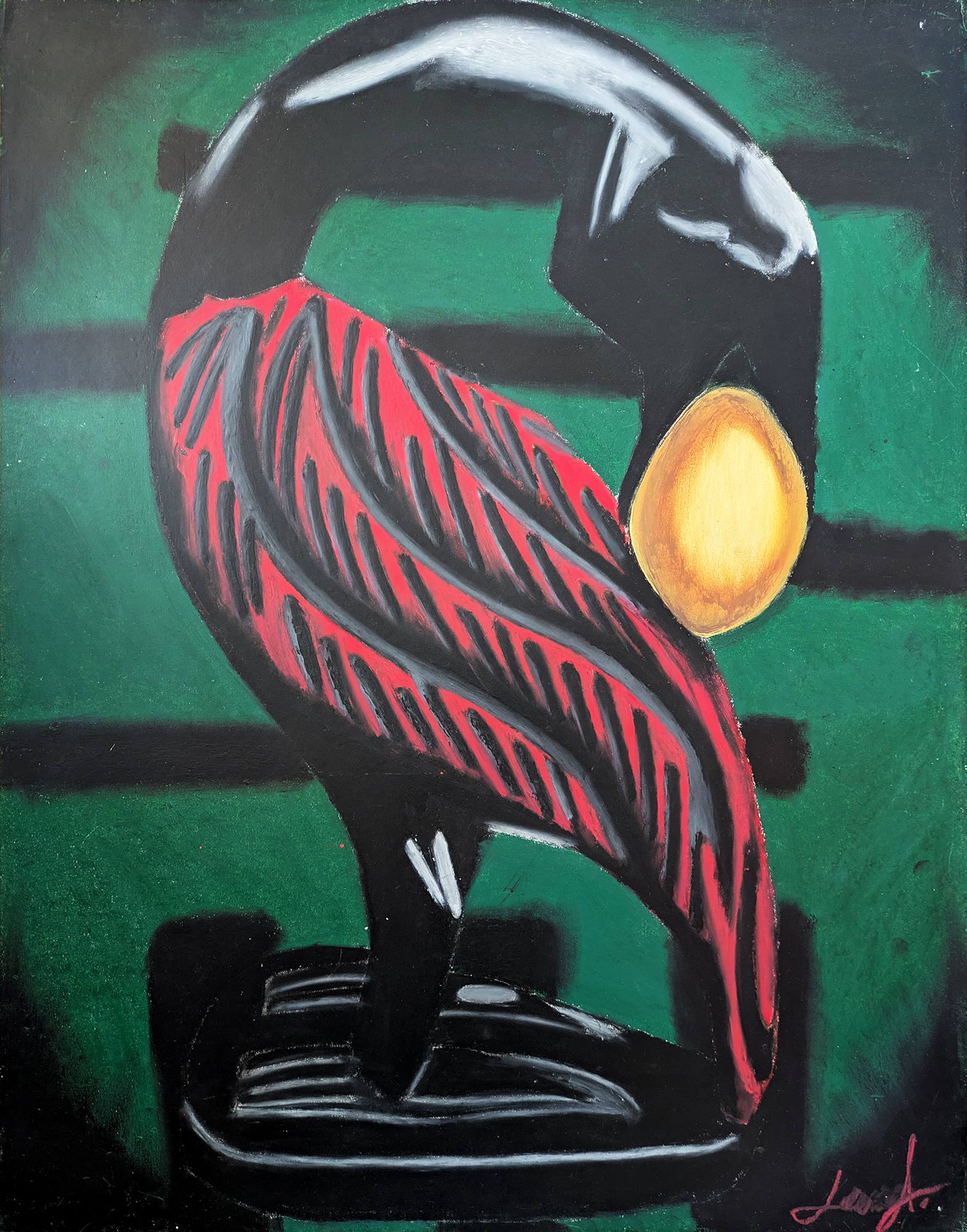 "Sankofa Bird", artwork bird with black head and neck and a red body, curled backwards so that its beak touches its body and the neck is curved, using Ghanaian Akan symbolism