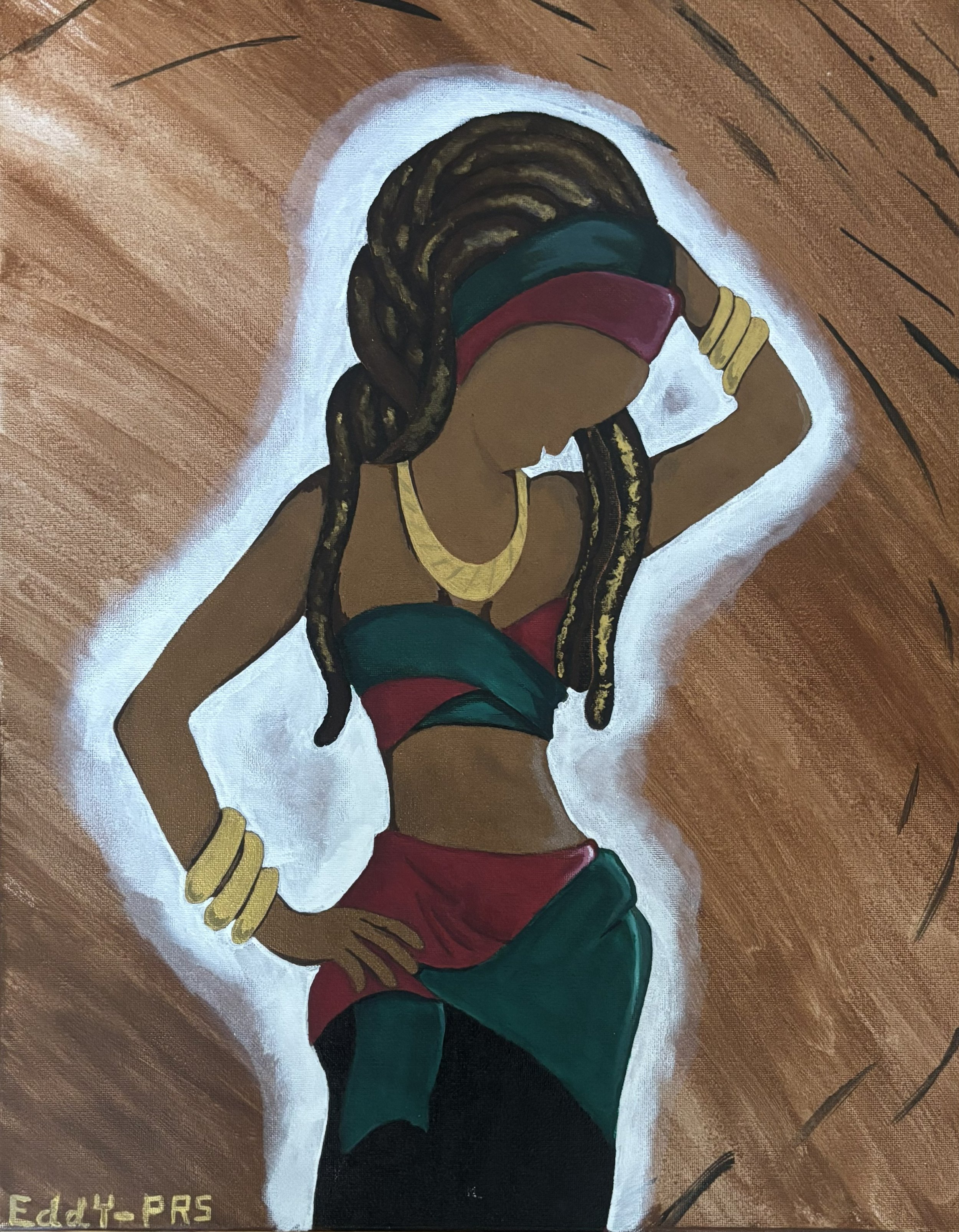 "Sista", acrylic on chipboard, 2022, 20"x16". Faceless Black woman with a red and green outfit on canvas.