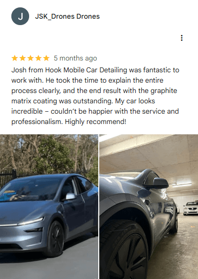A 5-star car detailing review with two photos of a shiny dark car after ceramic coating Wollongong, parked outside and in a garage.
