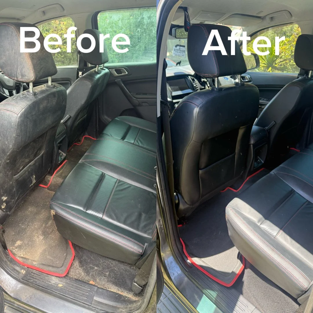 Comparison of a car interior's rear seat area before and after cleaning, showing a dirty, dusty, and worn appearance before, and a clean, fresh-looking interior after.