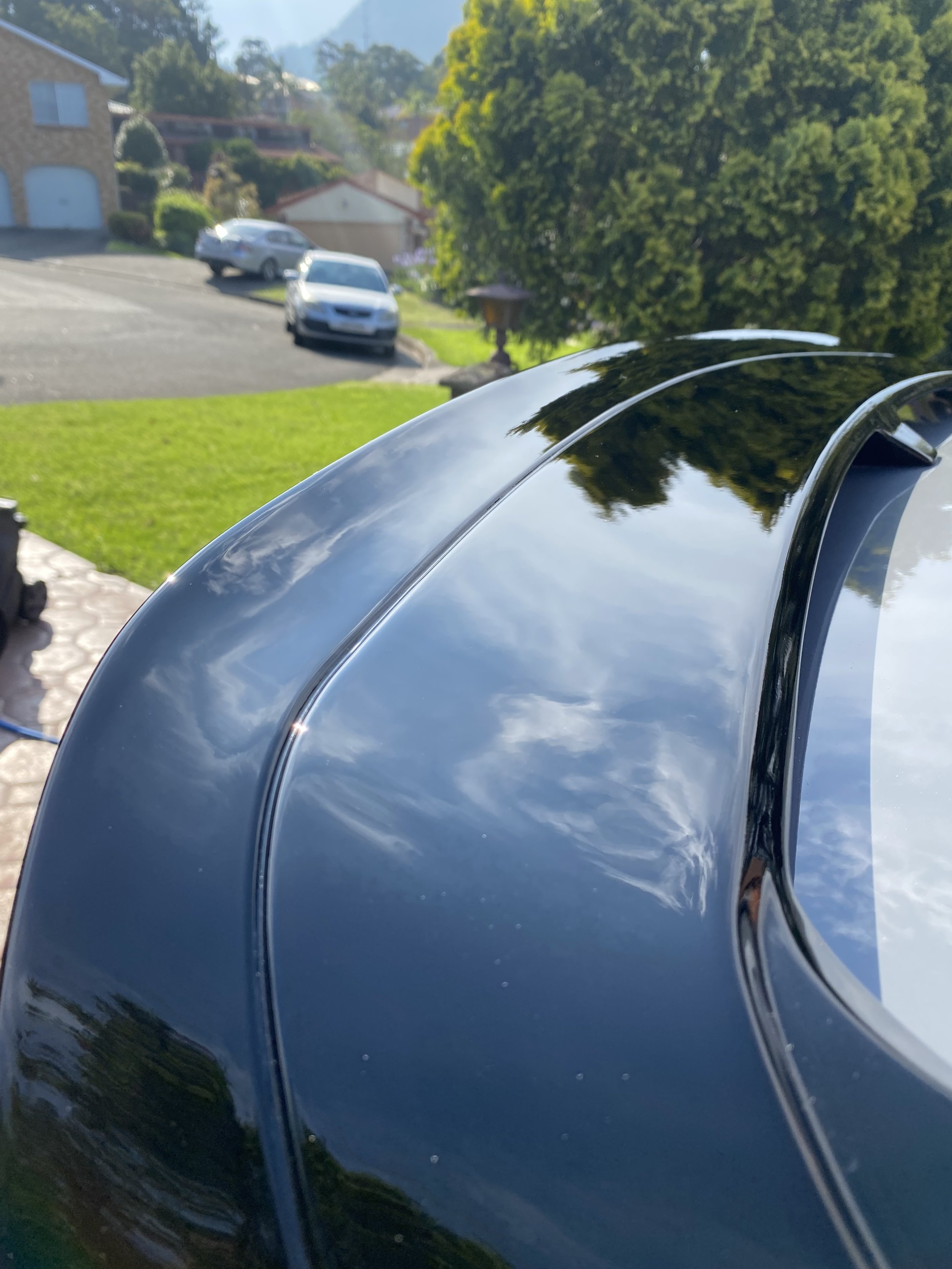 Close-up of a shiny black car roof with reflections of clouds and trees, parked in a suburban neighborhood with greenery and other cars in the background.