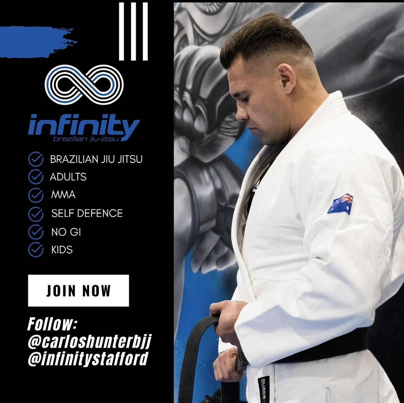 @infinitystafford 

Brazilian Jiu Jitsu
MMA
Self defence

Adults 
Kids

#brazilianjiuj&iacute;tsu #bjjbrisbane #bjjkids #bjjgirls #bjjclasses #bjj #selfdefence #brisbane #staffordheights