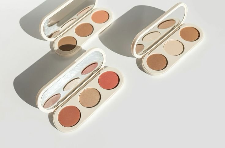 Two open makeup palettes with three different shades of powder in each, placed on a white background with shadows visible.