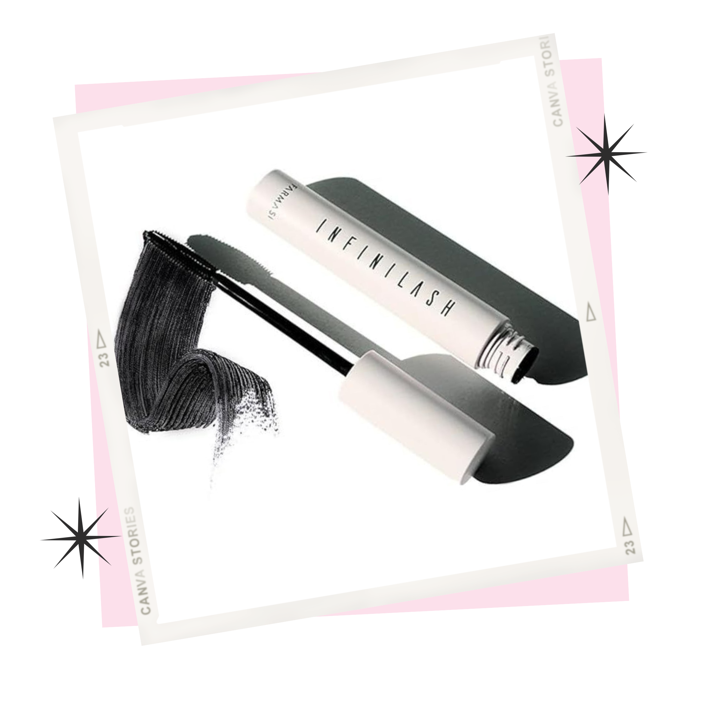 Masculine brush and lash product with "Infinilash" branding, showcasing a swipe of black mascara on a white background.