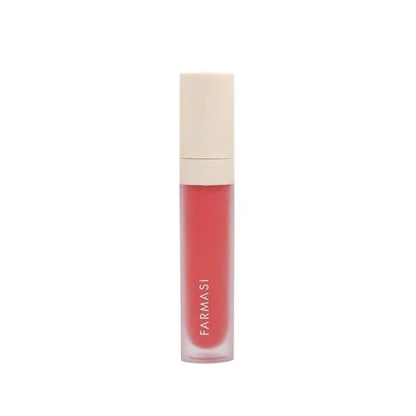 Lip gloss with pink-orange shade in cylindrical transparent tube with beige cap, labeled 'FARMASI'.