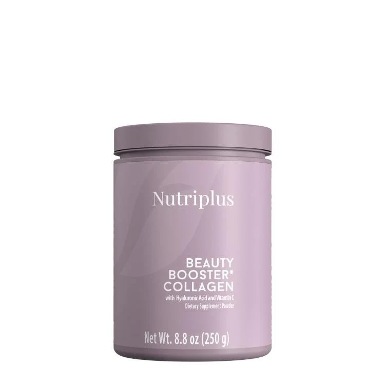 Nutriplus Beauty Booster Collagen container with hyaluronic acid and vitamin C, 8.8 oz (250g).