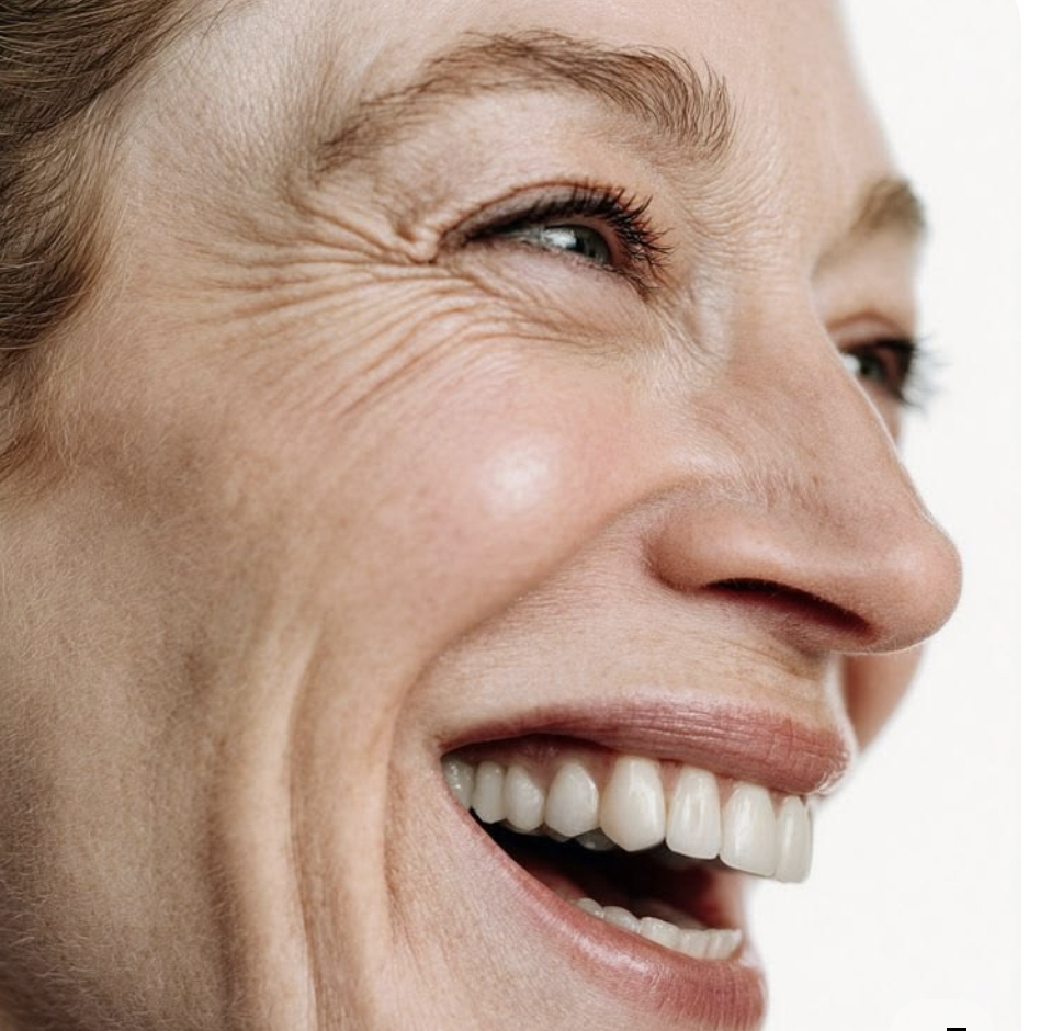 Close-up of a woman smiling, showing her teeth, with visible wrinkles around her eye and cheek.