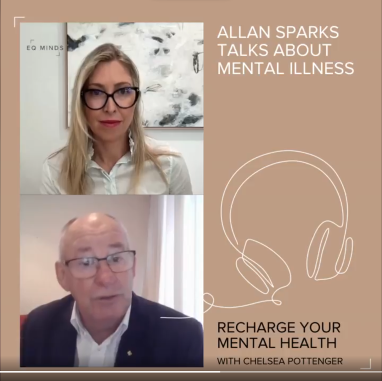 A screenshot of an online conversation with two individuals, a woman and a man, discussing mental illness and mental health. The background is beige with white text and a line drawing of headsets. The woman has long blonde hair, wears glasses, a white top, and appears to be listening. The man has short gray hair, glasses, and is wearing a dark blazer with a white shirt. The text on the image reads: "ALLAN SPARKS TALKS ABOUT MENTAL ILLNESS" and "RECHARGE YOUR MENTAL HEALTH WITH CHELSEA POTTENGER."