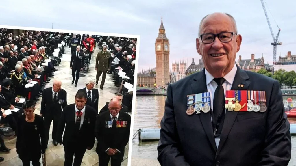 A man in a suit with medals standing near Big Ben in London, with an inset photo showing a formal ceremony with military personnel and officials.