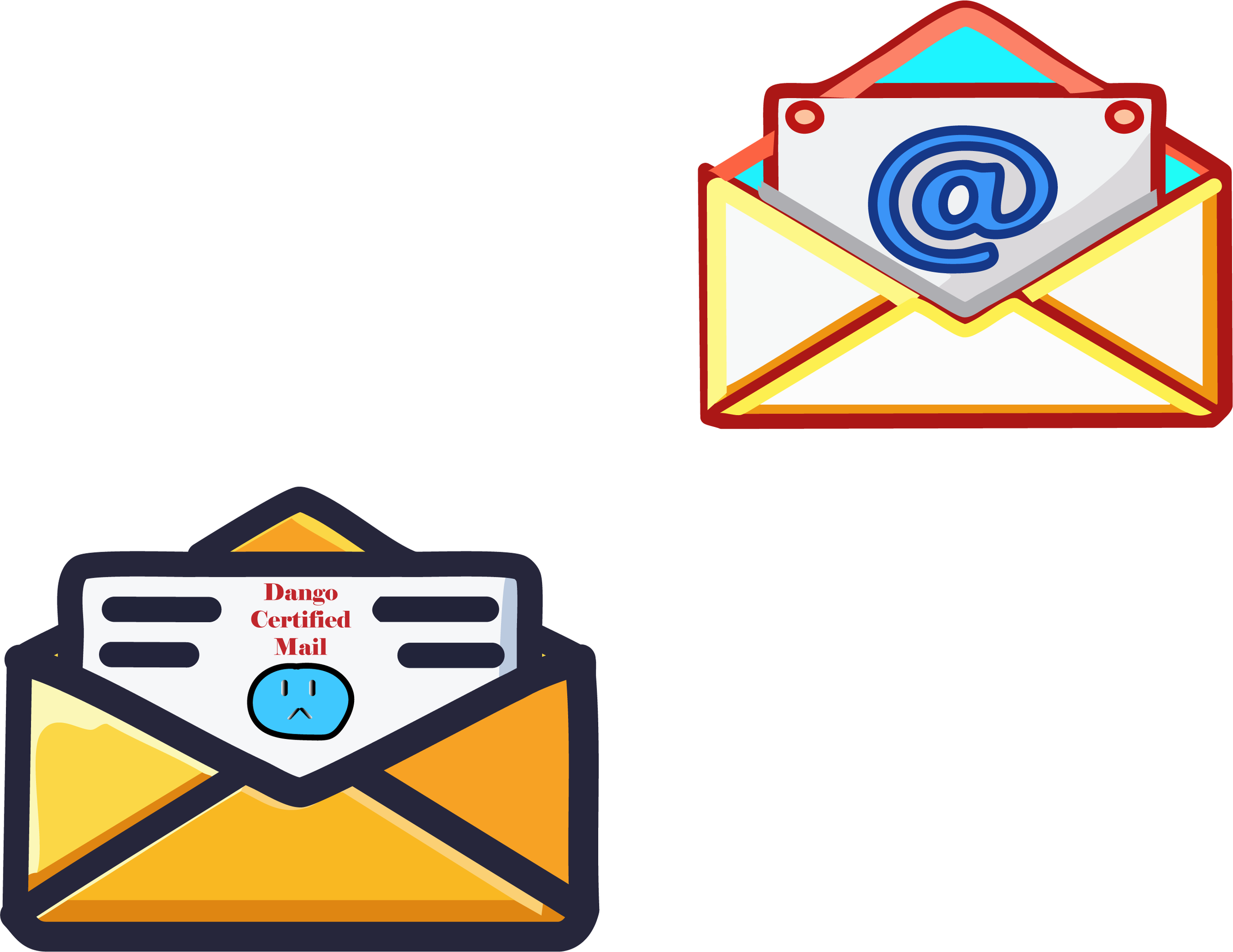 Two open envelopes with mail inside; one yellow with a sign that says "Dango Certified Mail" and a sad face, the other gray with an 'at' symbol. These Symbolize the direct Mail and Email Marketing Services.