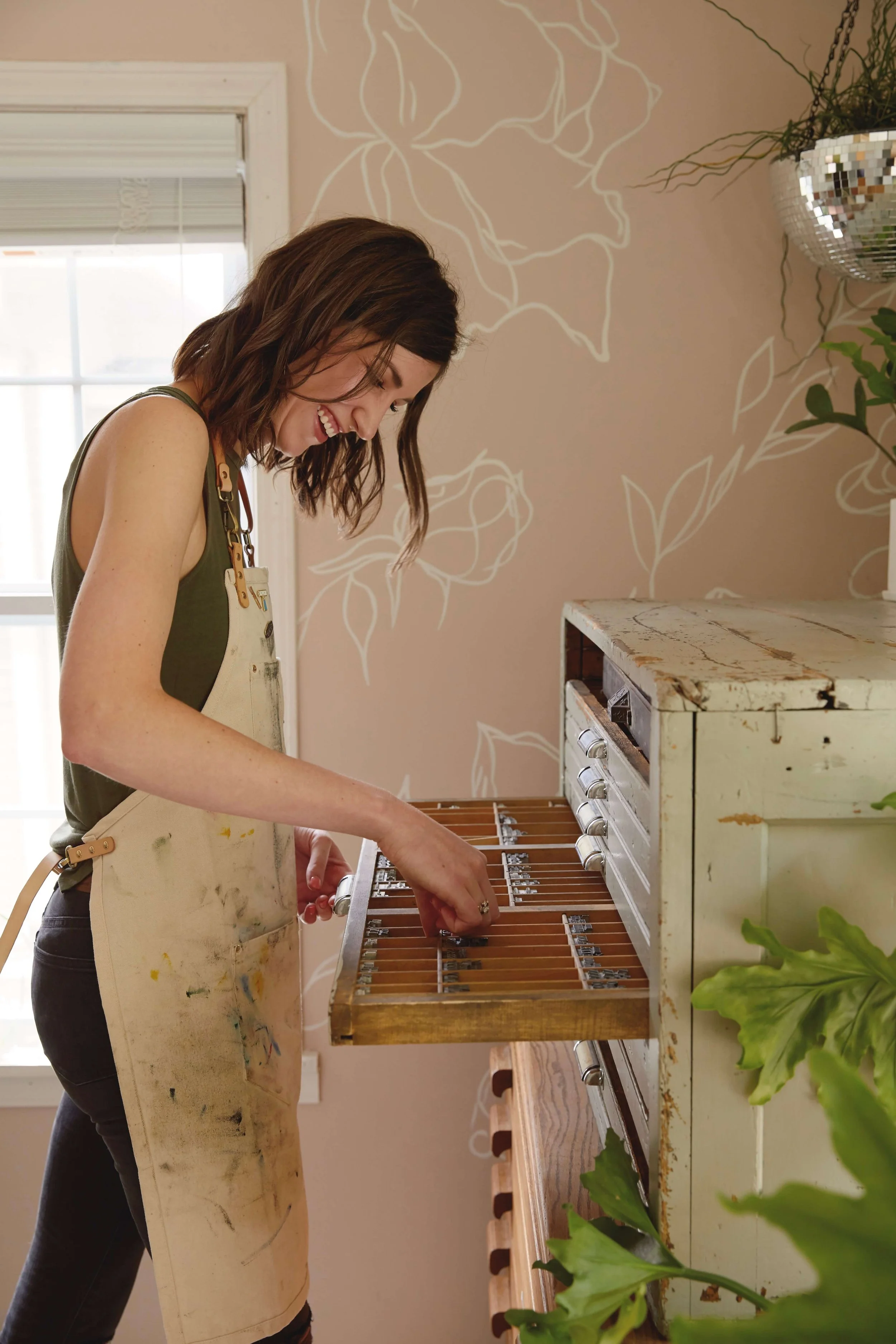 Artist studio space letterpress type cabinet