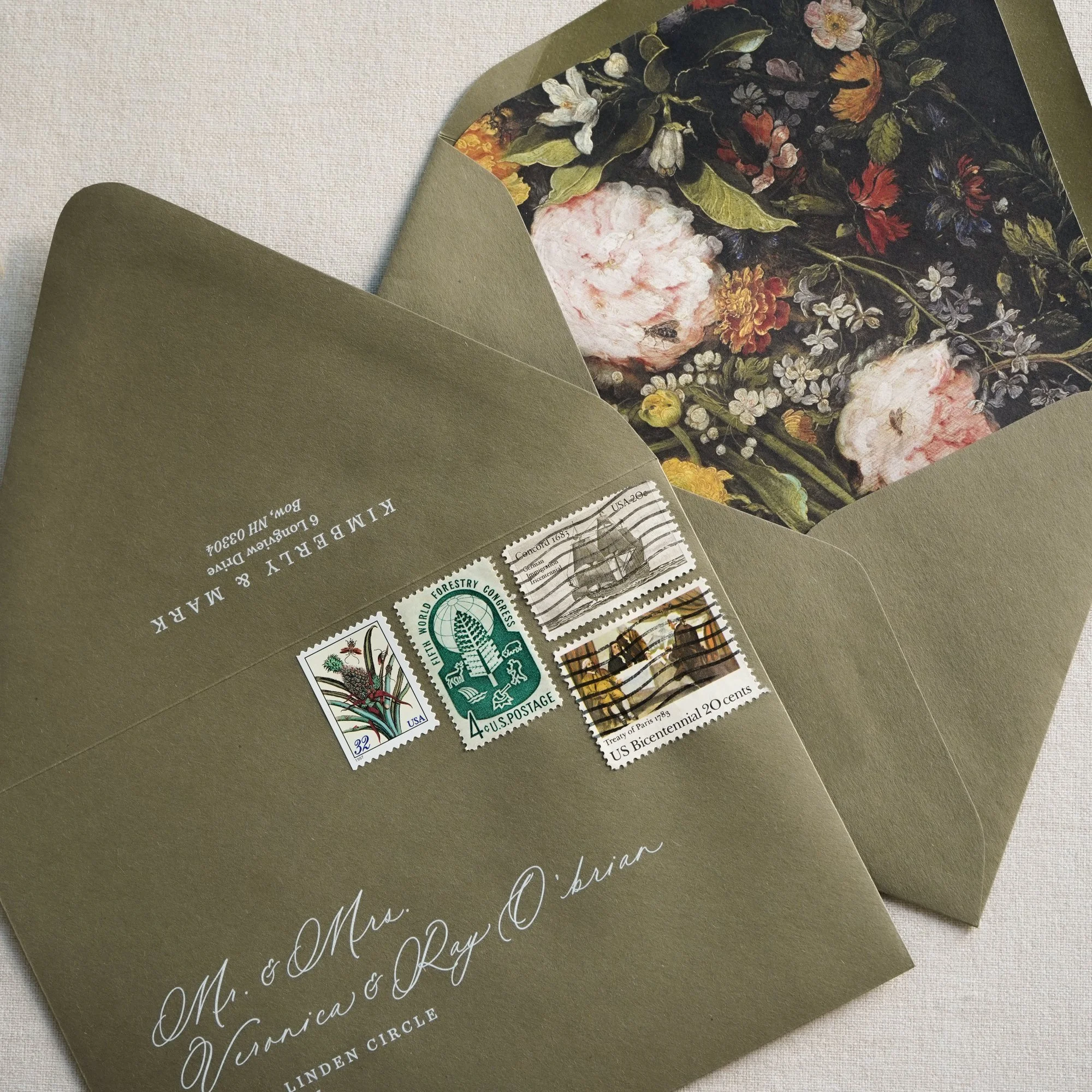 wedding invitation envelopes with liners and vintage stamps