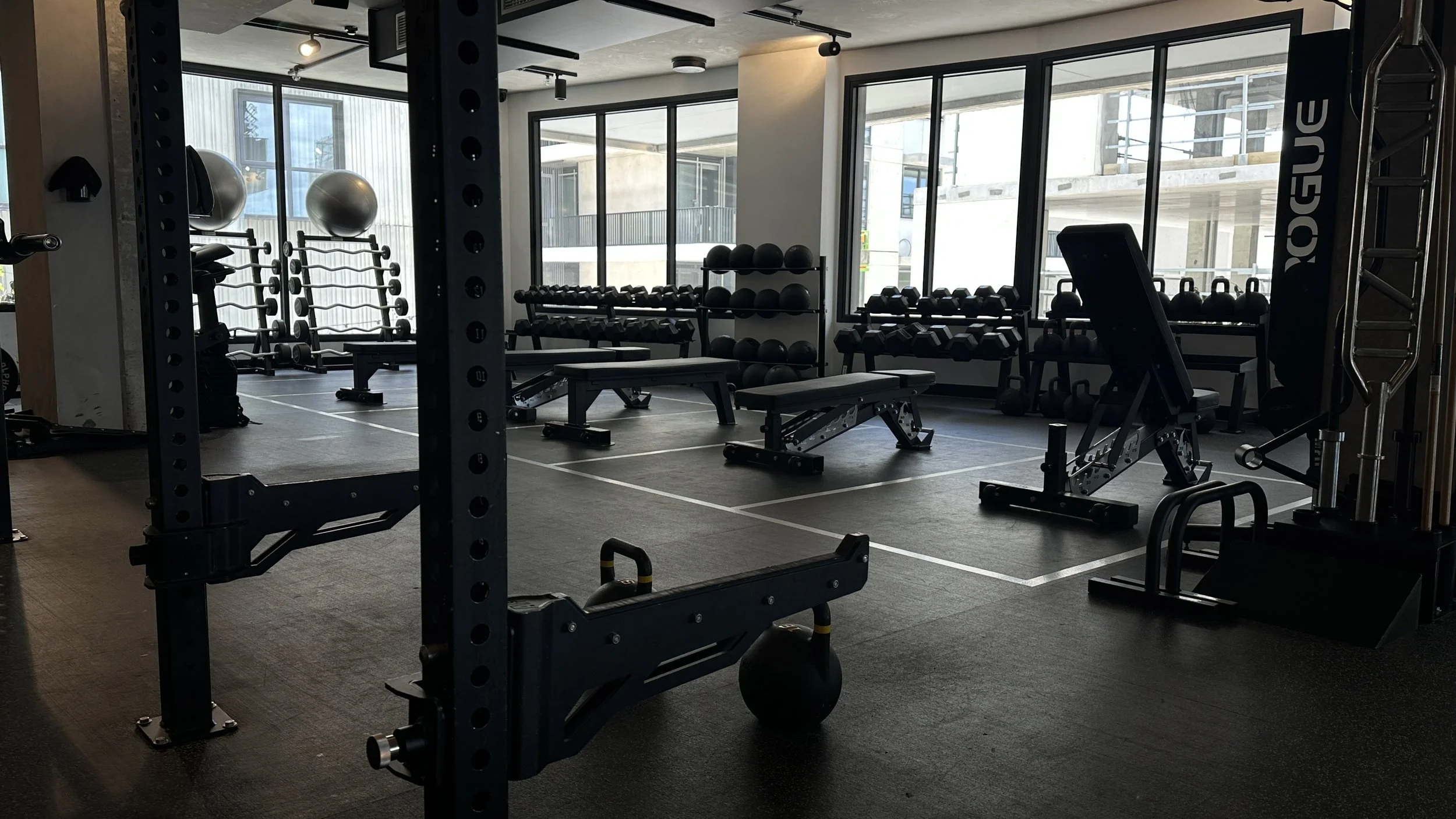 Empty gym with black workout equipment, including benches, kettlebells, dumbbells, medicine balls, and a squat rack, illuminated by natural light from large windows.
