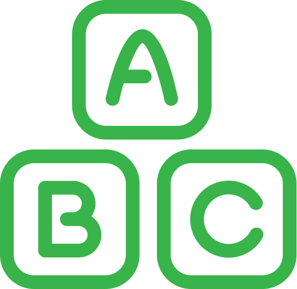 Four green toy blocks with black outlines, labeled A, B, and C, arranged in a pyramid shape.