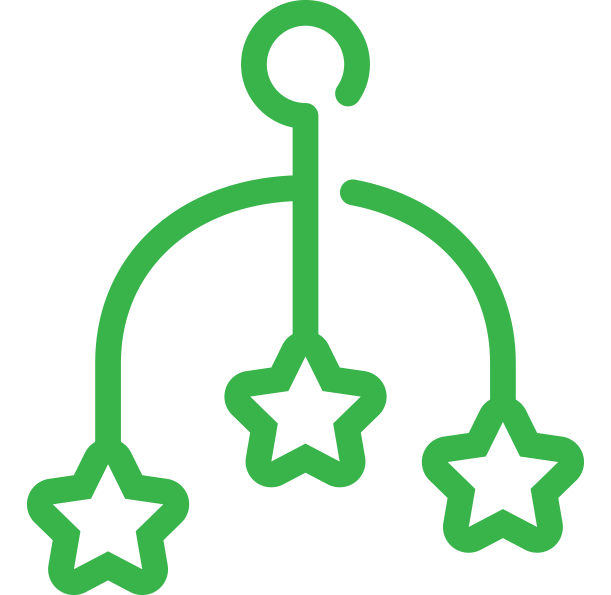 Green baby crib mobile with three hanging stars against a black background.