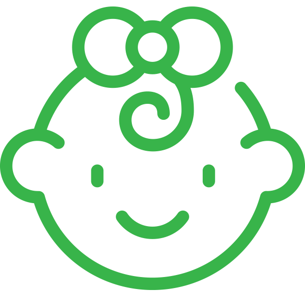 Green line drawing of a smiling child's face with curly hair.