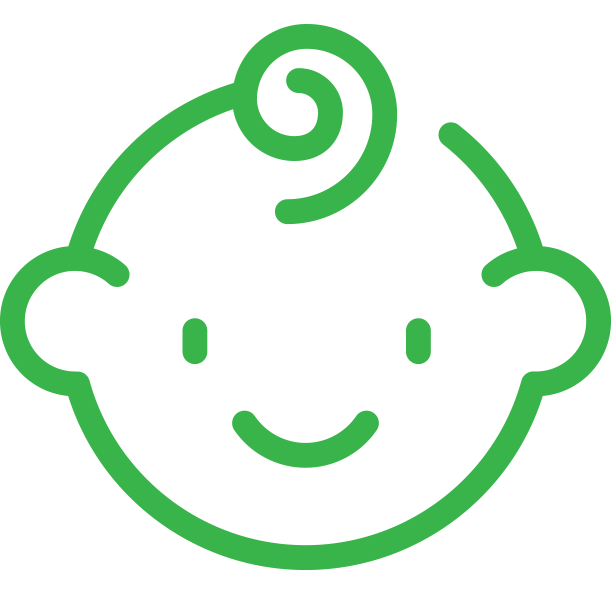 A simple green line drawing of a smiling baby's face with curly hair.