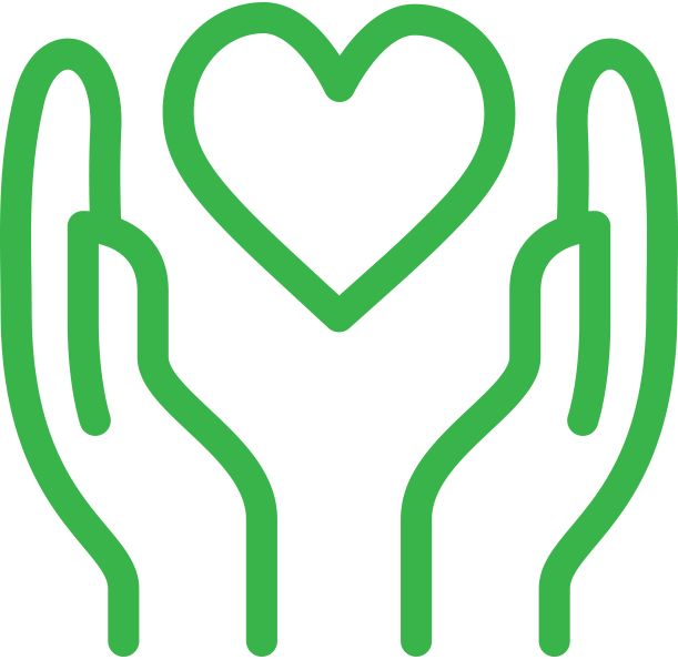 Green outline of two hands holding a heart