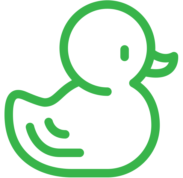 Green outlined cartoon rubber duck with a rounded body and small beak.