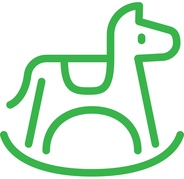 Green line drawing of a child's rocking horse