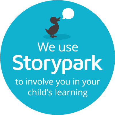 A circular blue logo with a cartoon duck holding a speech bubble, promoting Storypark for child learning.
