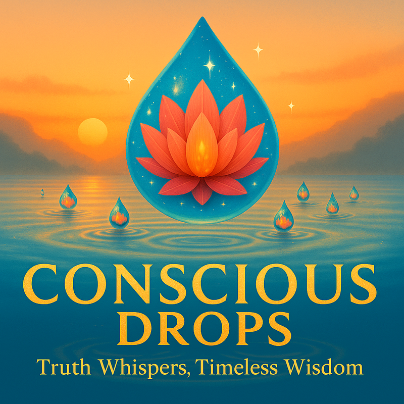 A book cover titled "Conscious Drops" featuring a large blue water droplet with a floating pink lotus flower inside, set against a sunset background with smaller droplets reflecting the scene on a calm body of water. The subtitle reads "Truth Whispers, Timeless Wisdom."