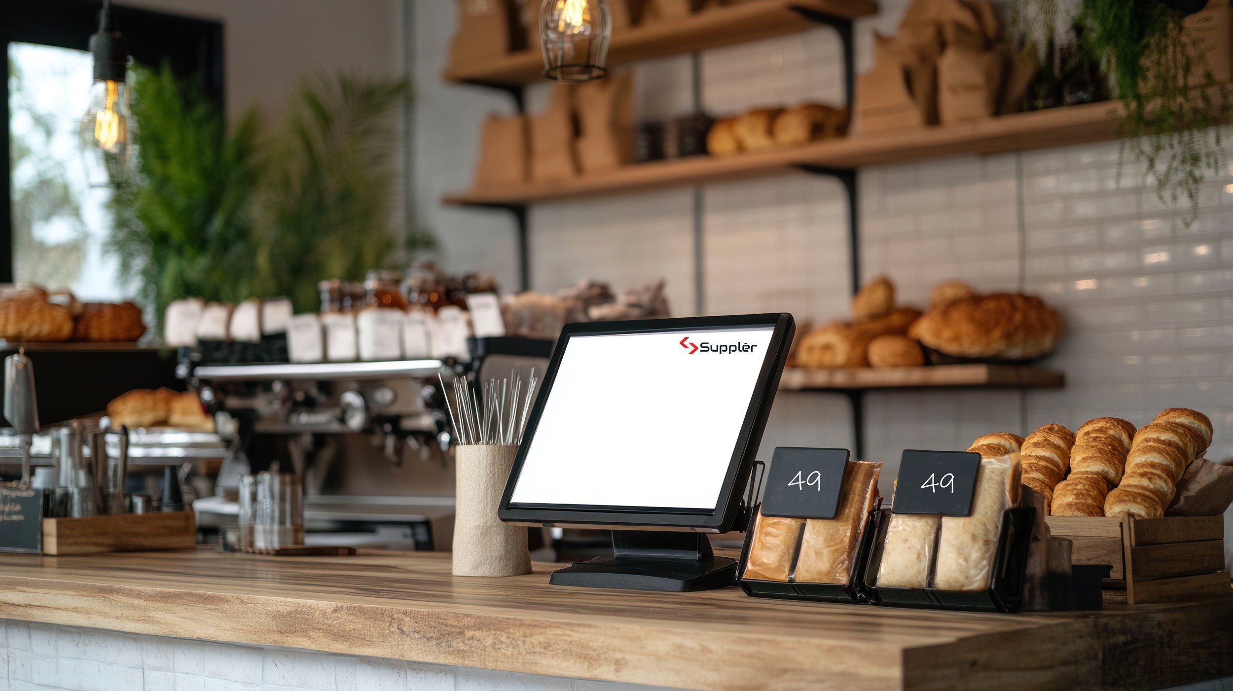 Kafeområde med brød og croissanter foran en kasse med keys. Det er en betjeningsdisk i en kafé eller bakeri.