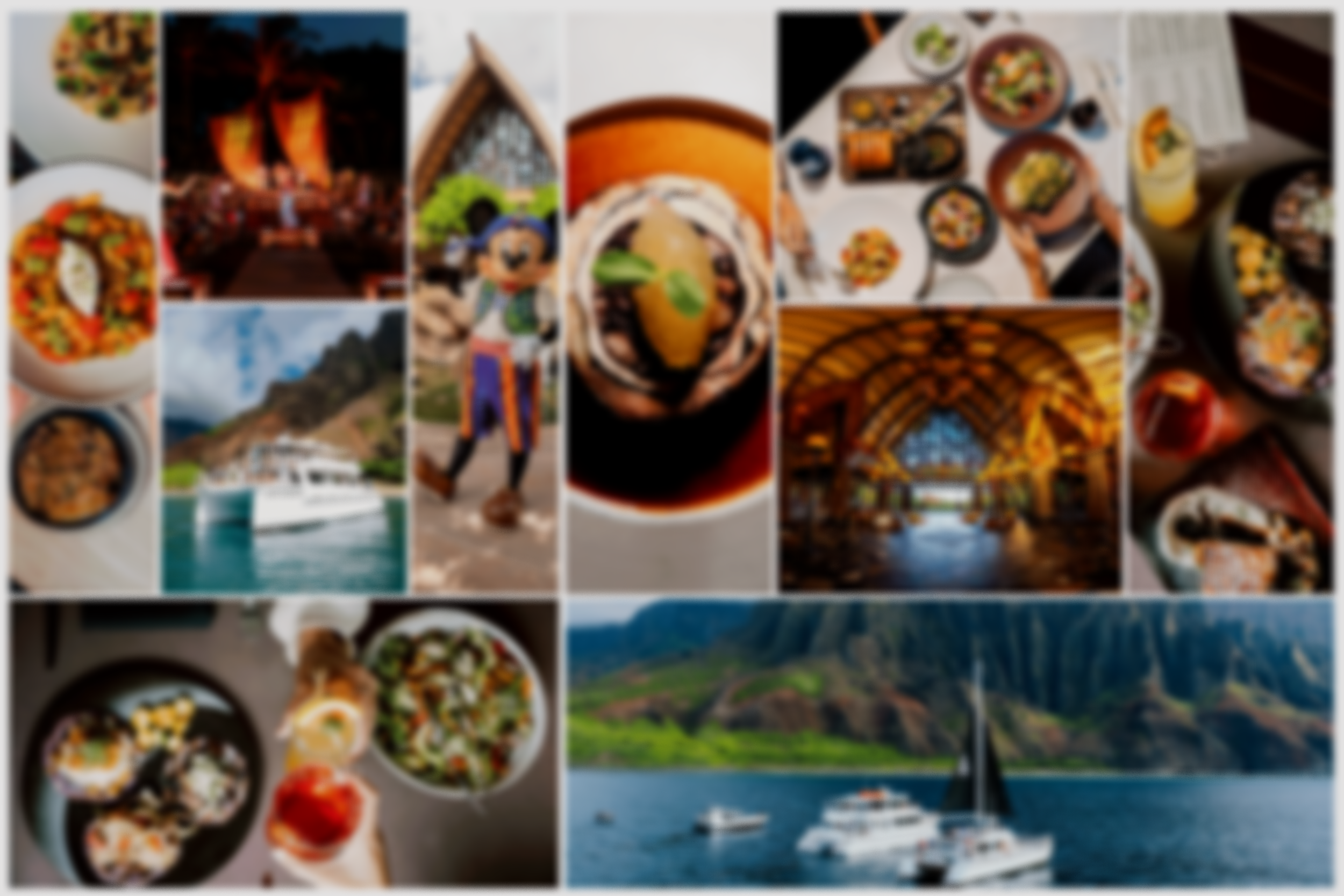 A collage of travel and food images, including various dishes, scenic landscapes, boats, and cultural attractions.