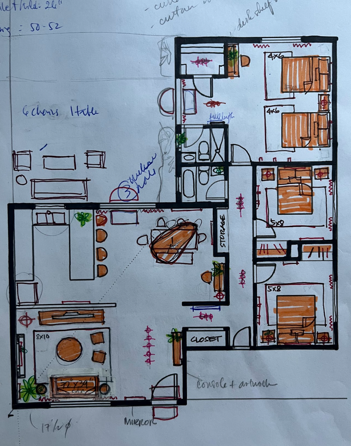 manually drafted furniture layout with adjustments on sizes of purchased furniture