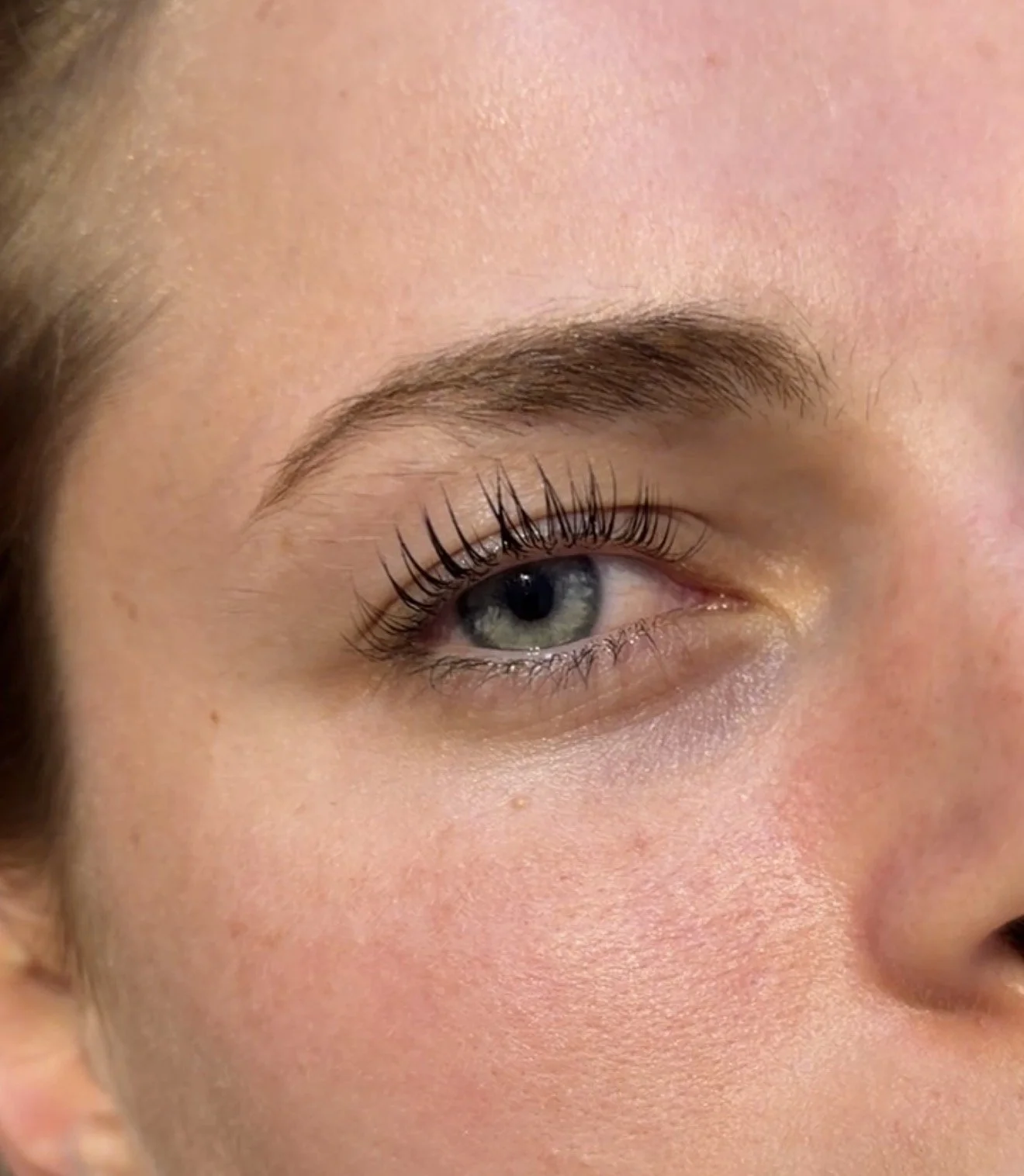 Close-up of a person's eye with long, curled eyelashes, brown iris, and well-groomed eyebrow.